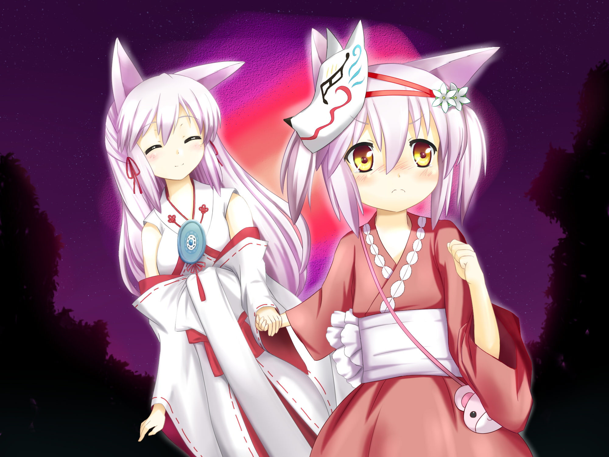 irotoridori, haku, stars, animal, 1080P, sekai, girls, hair, ren, hikari, ears, night, white, HD Wallpaper