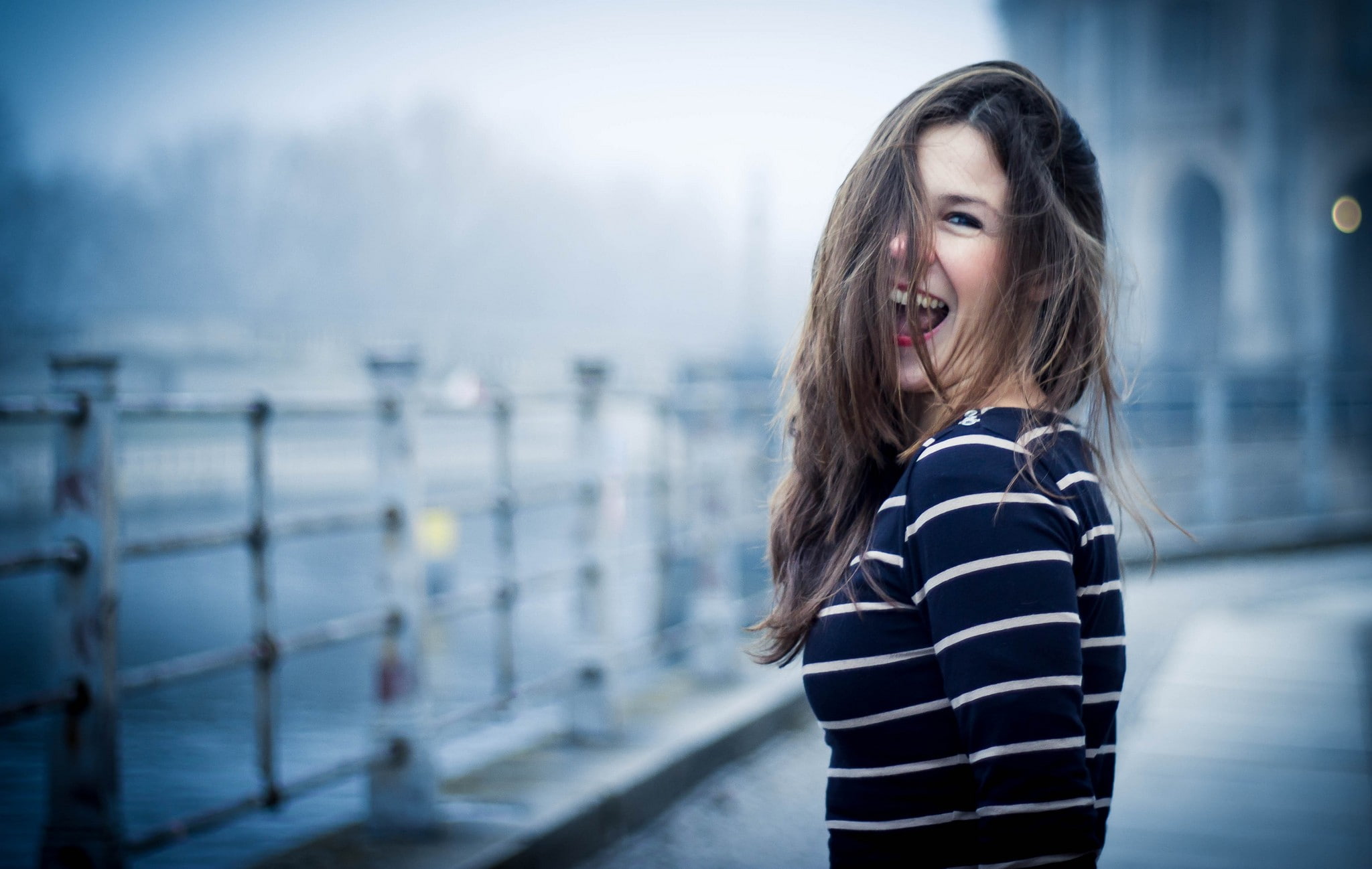 striped clothing, 1080P, women, smiling, red lipstick, brunette, looking at viewer, hair in face, open mouth, HD Wallpaper