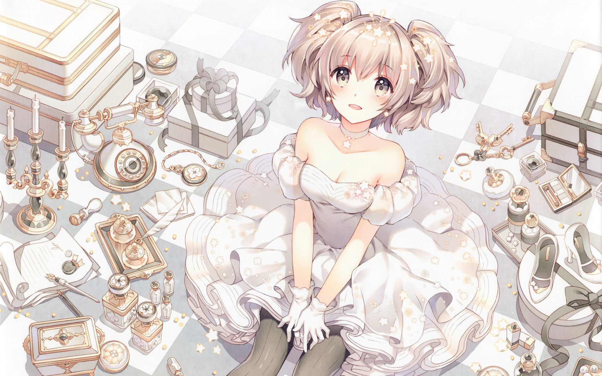 Nardack, dress, original characters, jewelry, smiling, gloves, twintails, pearls, phone, shoes, anime, 1080P, sitting, anime girls, stars, looking at viewer, HD Wallpaper