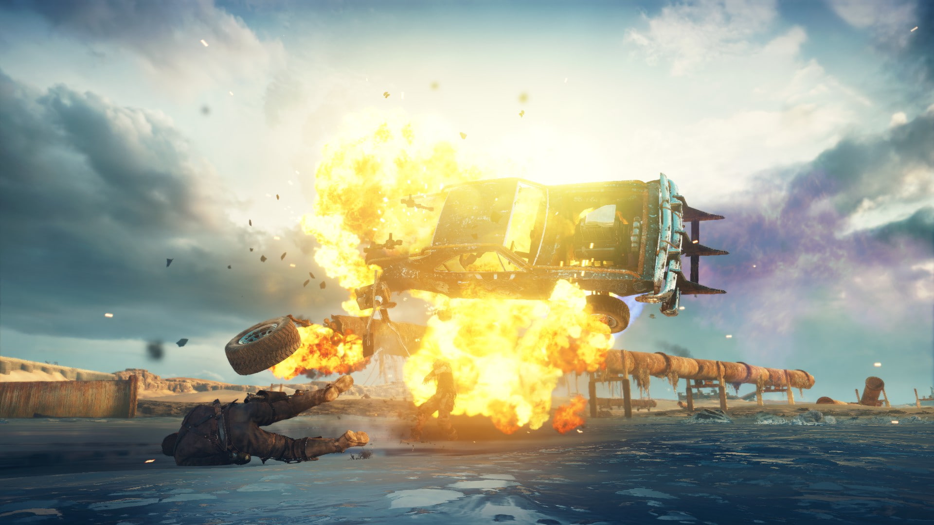 heat - temperature, sunset, day, burning, communication, Mad Max (game), fire, water, nature, destruction, smoke - physical structure, 1080P, cinematic, HD Wallpaper