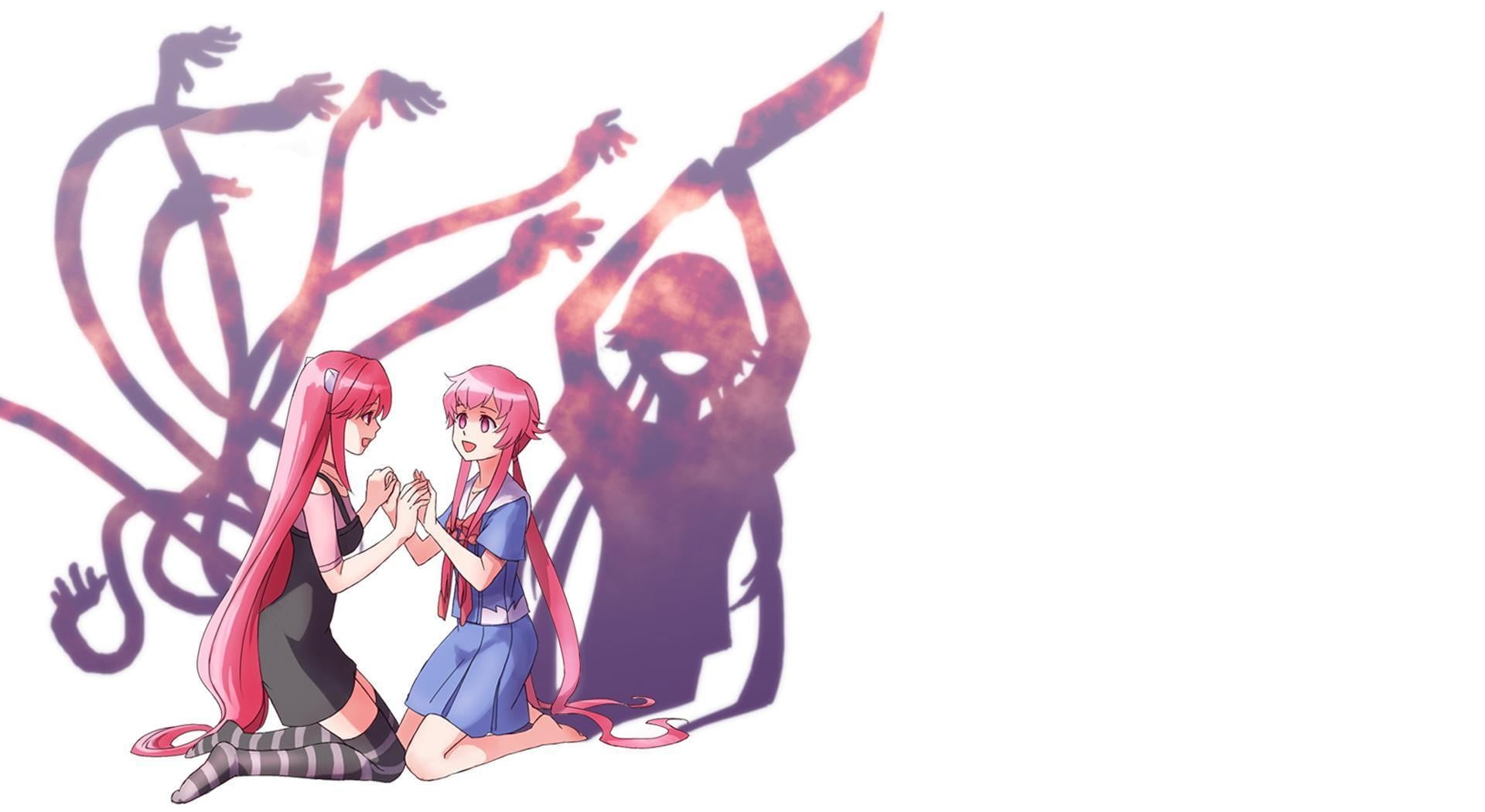 anime, young adult, togetherness, white background, adult, standing, 1080P, kneeling, studio shot, indoors, dancing, Mirai Nikki, friendship, casual clothing, HD Wallpaper