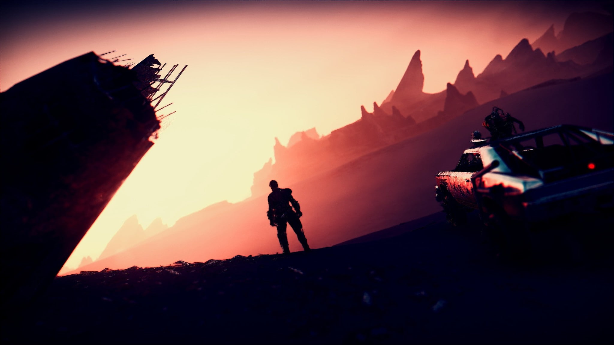 science fiction, nature, adult, architecture, dramatic sky, futuristic, dusk, transportation, scenics - nature, vehicle, men, outdoors, 1080P, sky, Mad Max (game), HD Wallpaper