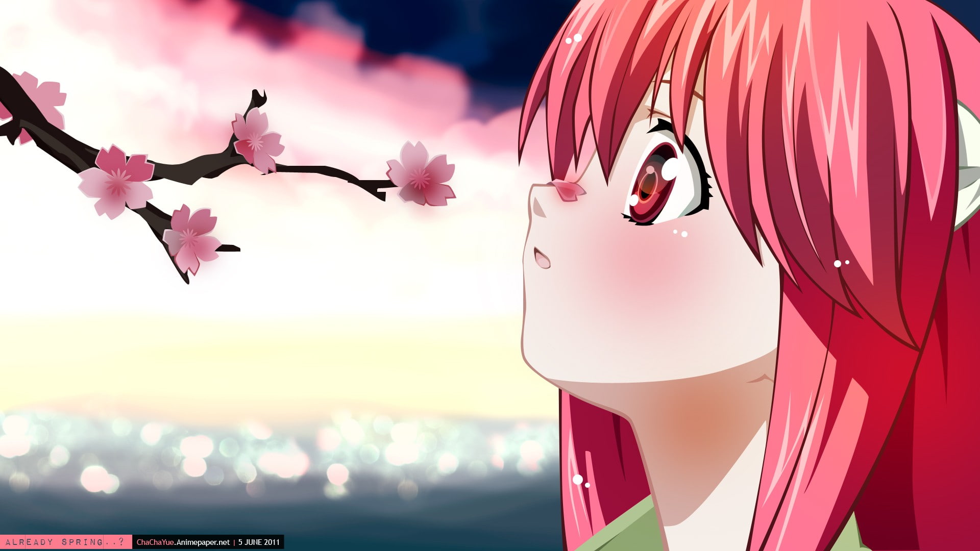 red, blossom, 1080P, elfen, flower, cherry, hd, character, manga, lied, female, cartoon/comic, haired, anime, HD Wallpaper