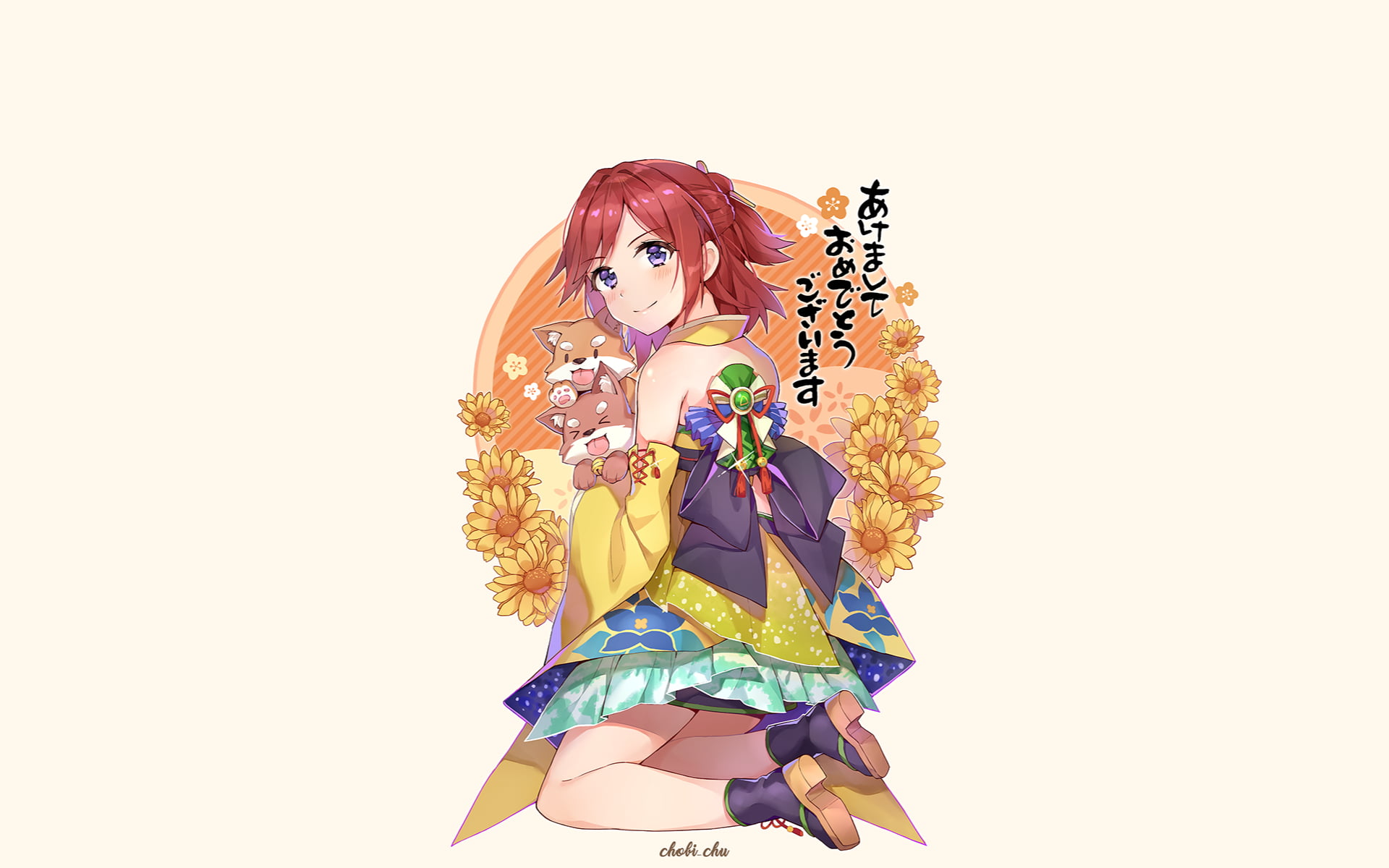 simple background, dog, anime girls, Macross Delta, flowers, anime, Kaname Buccaneer, traditional clothing, blue eyes, redhead, 1080P, HD Wallpaper