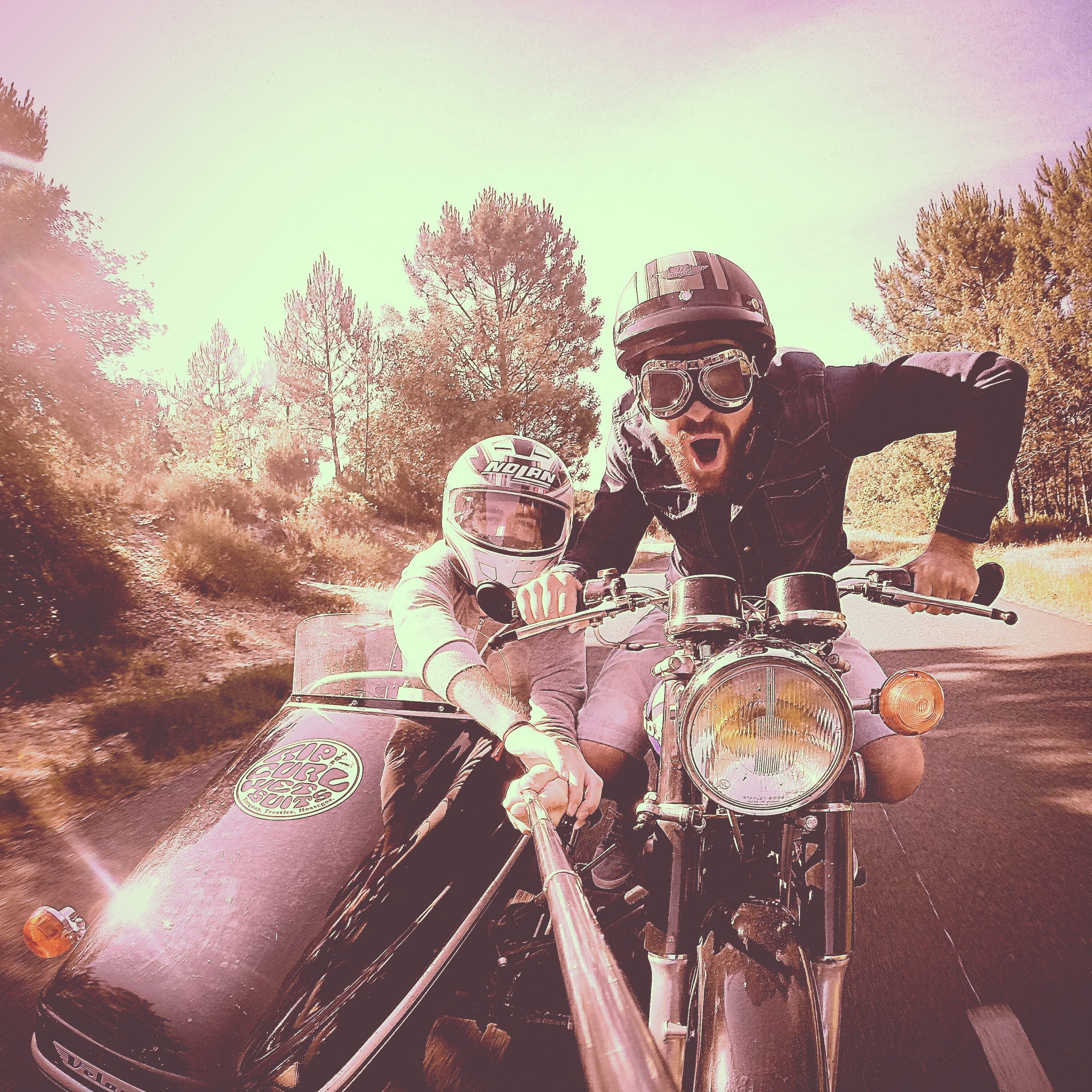 day, retro Styled, extreme, portrait, selfie, positive emotion, sidecar, sunglasses, leisure activity, old-fashioned, two people, standard, standard motorcycle, Phone HD Wallpaper