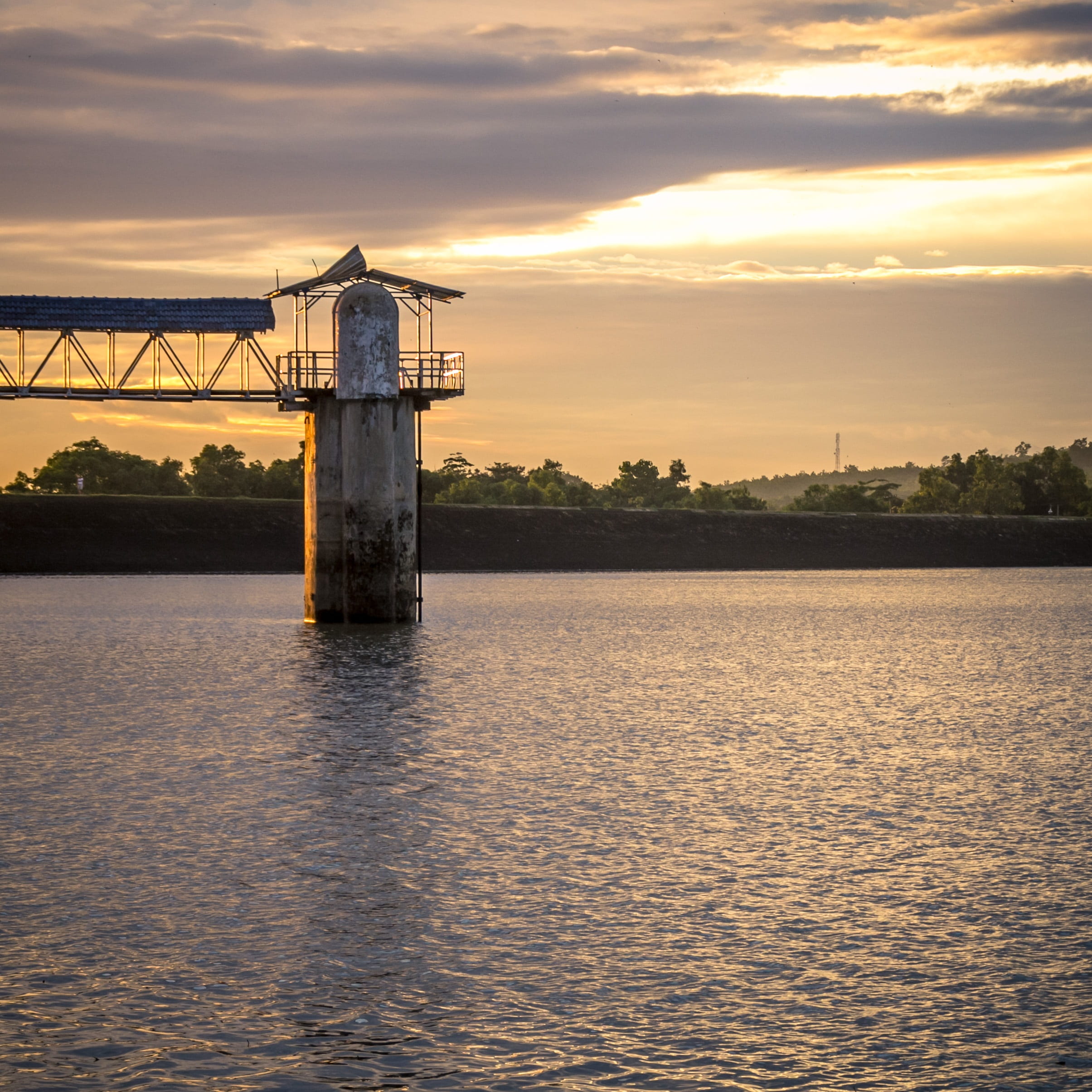 red, lake, architecture, sunrise, lighthouse, tranquil scene, no people, bridge, cloud - sky, legend, travel, west java, building, waterfront, sunset, indonesia, Phone HD Wallpaper