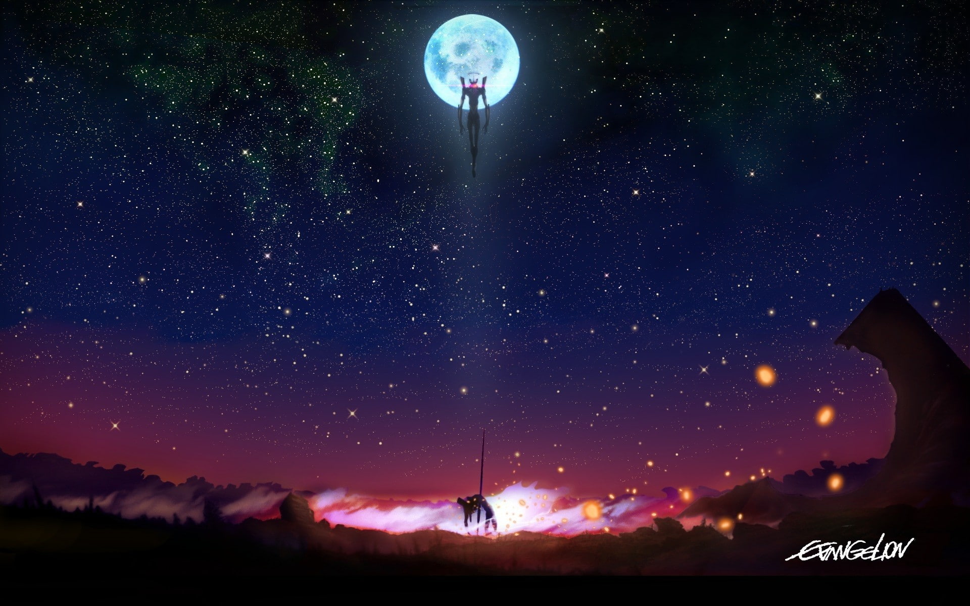 Neon Genesis Evangelion, Eva, 1080P, Moon, night, anime, stars, HD Wallpaper