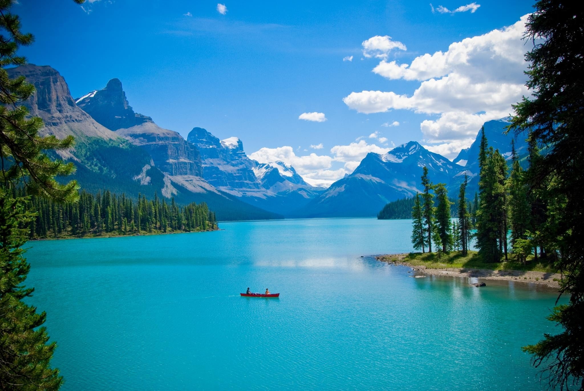 Clouds, mountains, art, x, hd, nature, canada, ships, wallpape, lakes, canoe, lake, trees, landscapes, maligne, 1080P, forest, HD Wallpaper