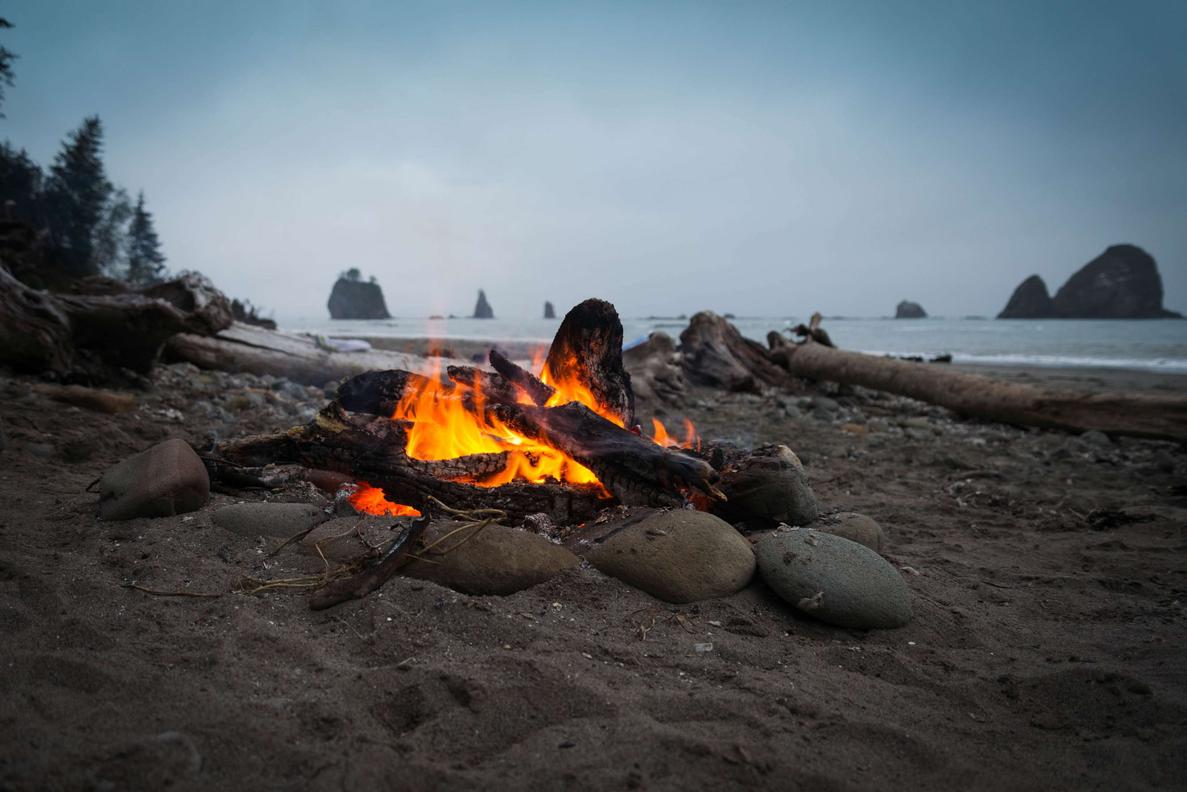 seashore, water, heat - temperature, sky, rock - object, solid, scenics - nature, ash, olympic coast, burning, flames, fire - natural phenomenon, campfire, HD Wallpaper
