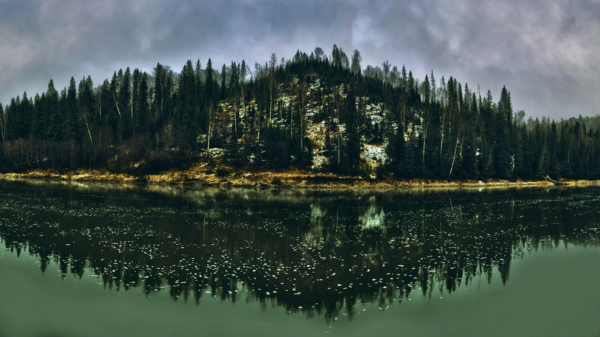 1080P, sky, forest, trees, water, HDR, river, lake, fall, landscape, nature, HD Wallpaper