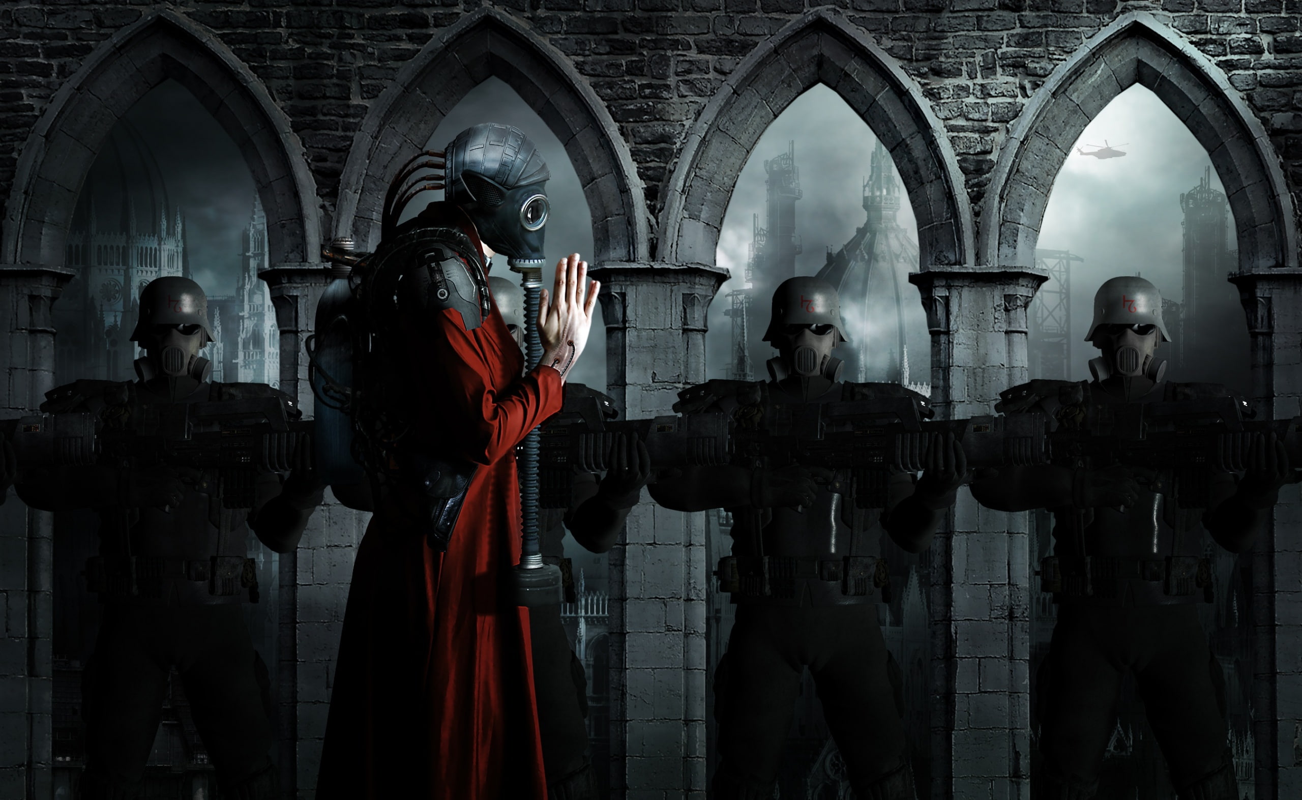 clothing, walking, human representation, built structure, history, hallway, people, building, Soldiers, safety, standing, mask, man, gas masks, group of people, HD Wallpaper