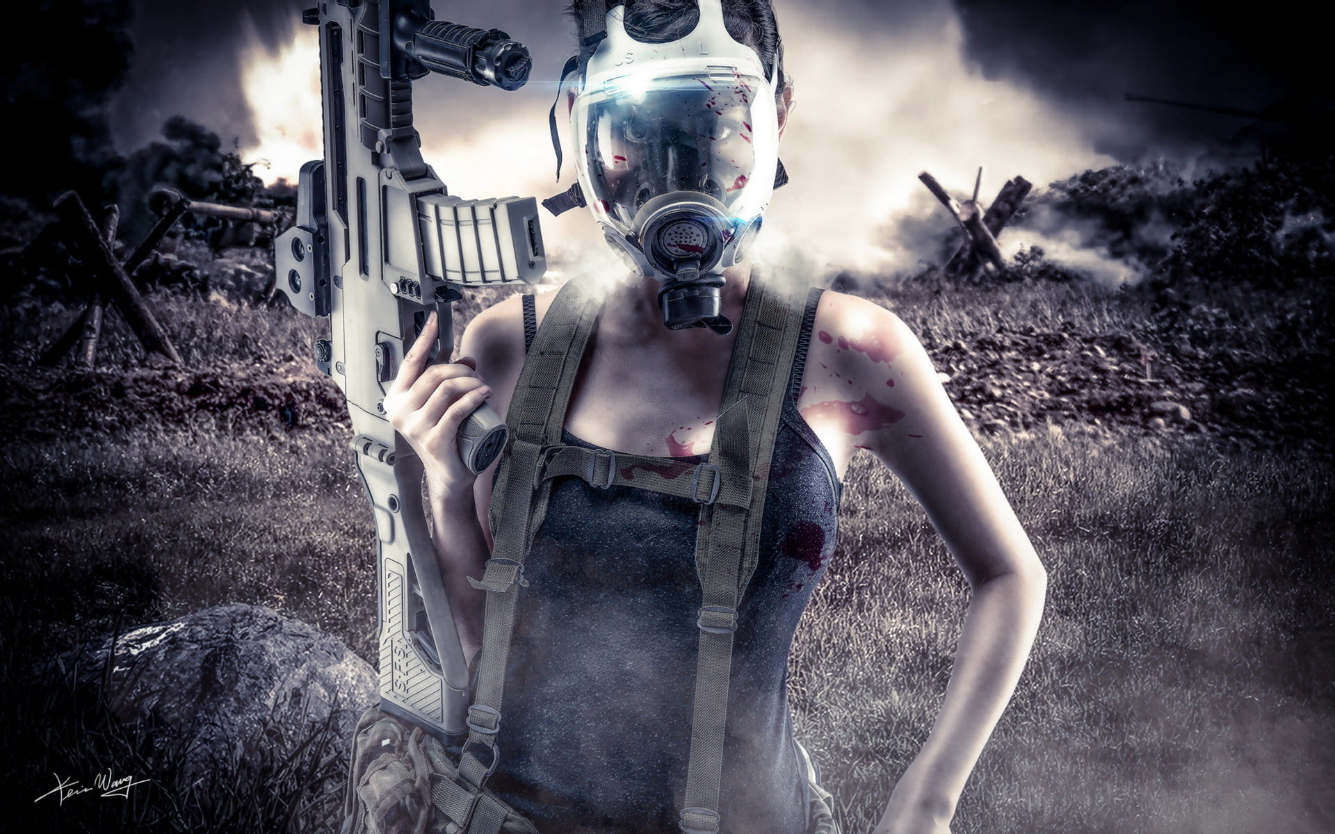 gas mask, soldier, 1080P, female, machine, digital, girl, HD Wallpaper