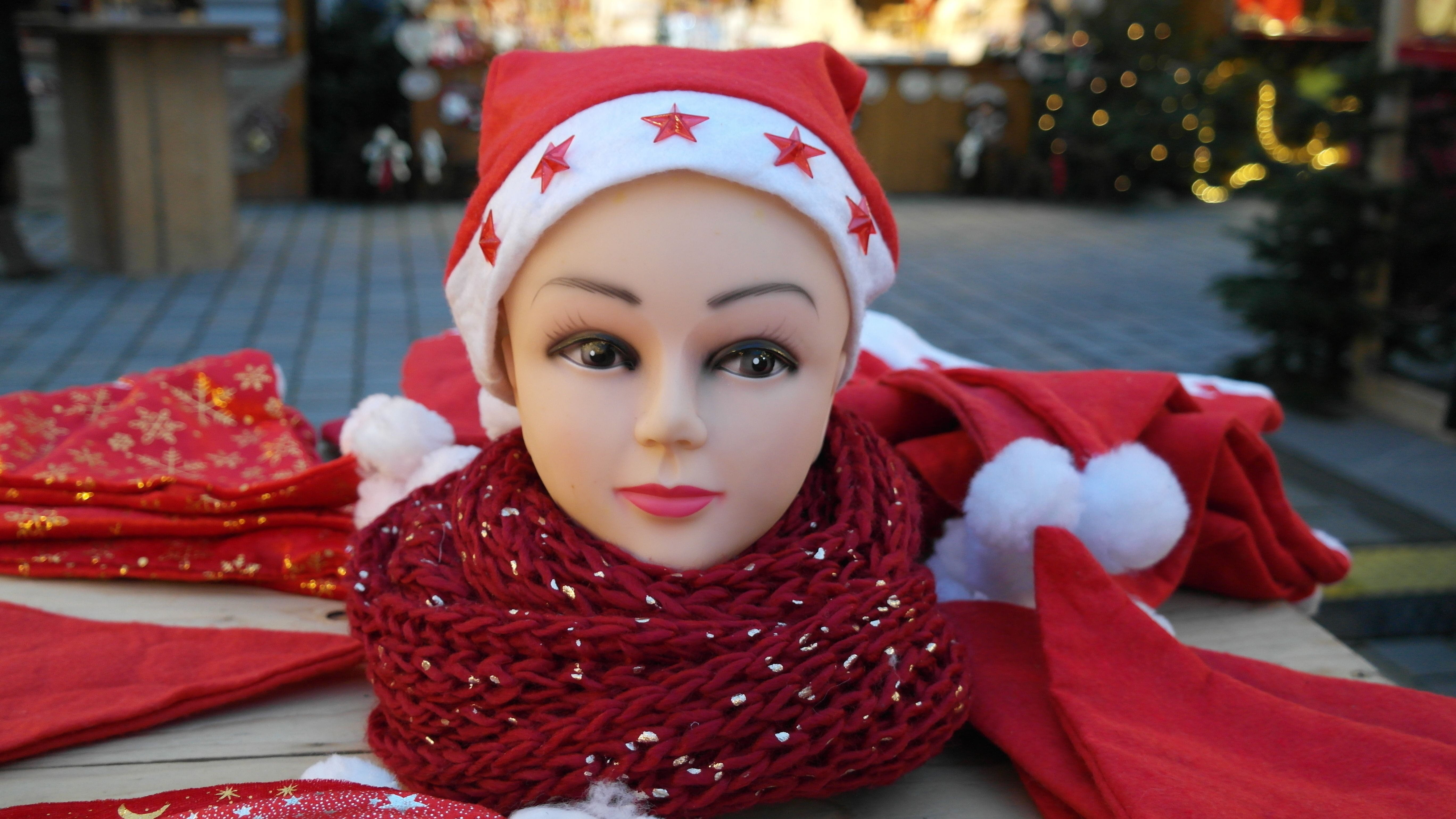 front view, clothing, close-up, real people, outdoors, beautiful woman, Santa Hat, decoration, deco, 5K, fabric, adult, face, leisure activity, scarf, HD Wallpaper
