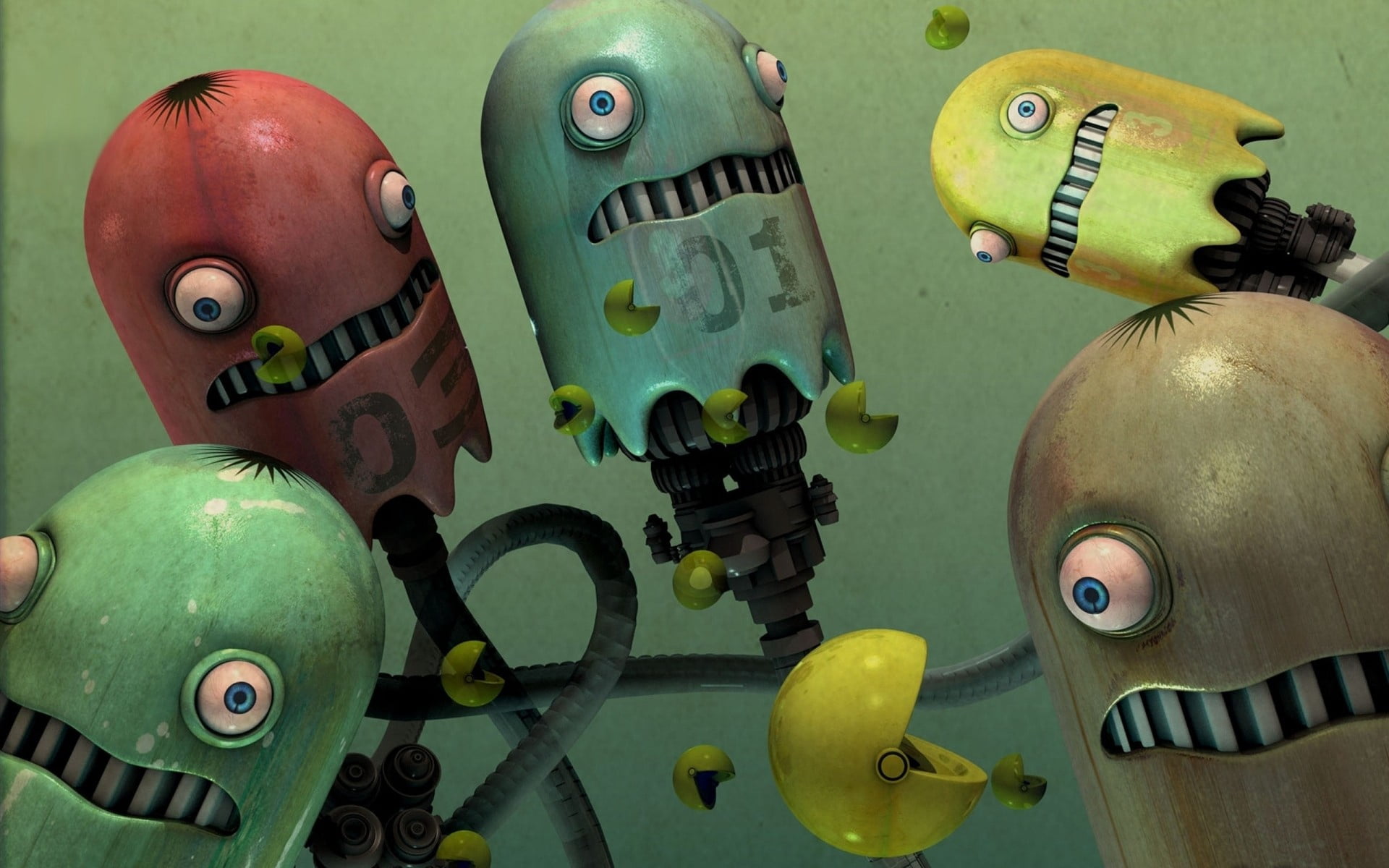 human Face, large group of objects, metal, machinery, art and craft, color, choice, lot, robot, 1080P, representation, protection, game, pac, futuristic, HD Wallpaper