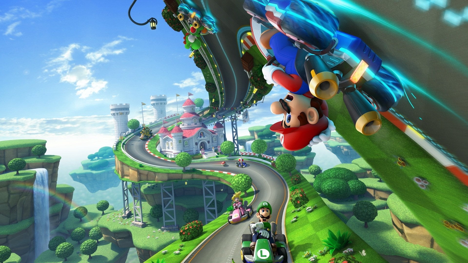 arts culture and entertainment, Mario Kart 8, Mario, outdoors, art and craft, animal representation, holiday, cloud - sky, incidental people, day, amusement park, HD Wallpaper