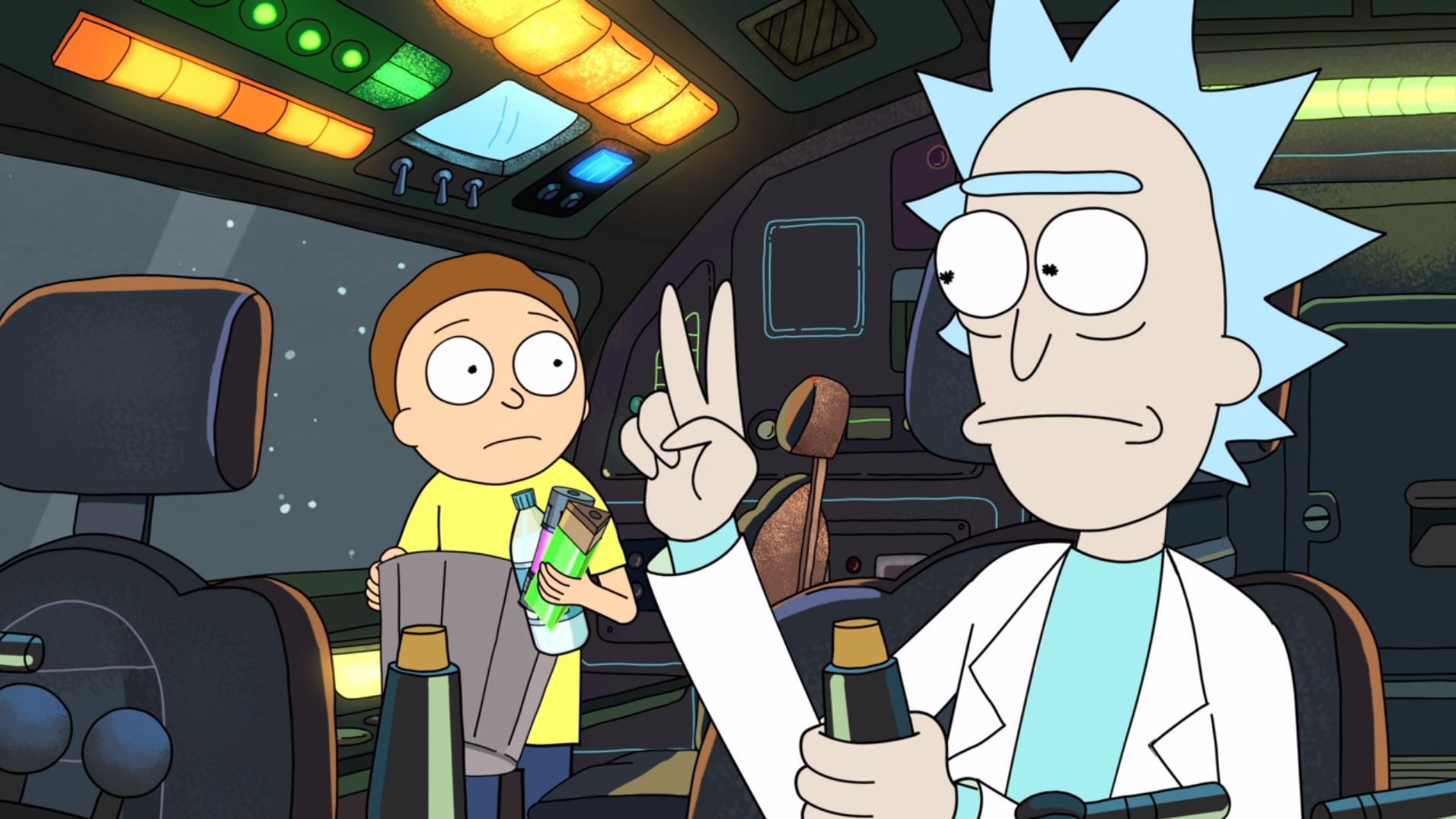 communication, Morty Smith, Rick and Morty, real people, men, sign, adult, Rick Sanchez, males, drink, food and drink, ceiling, indoors, lighting equipment, HD Wallpaper