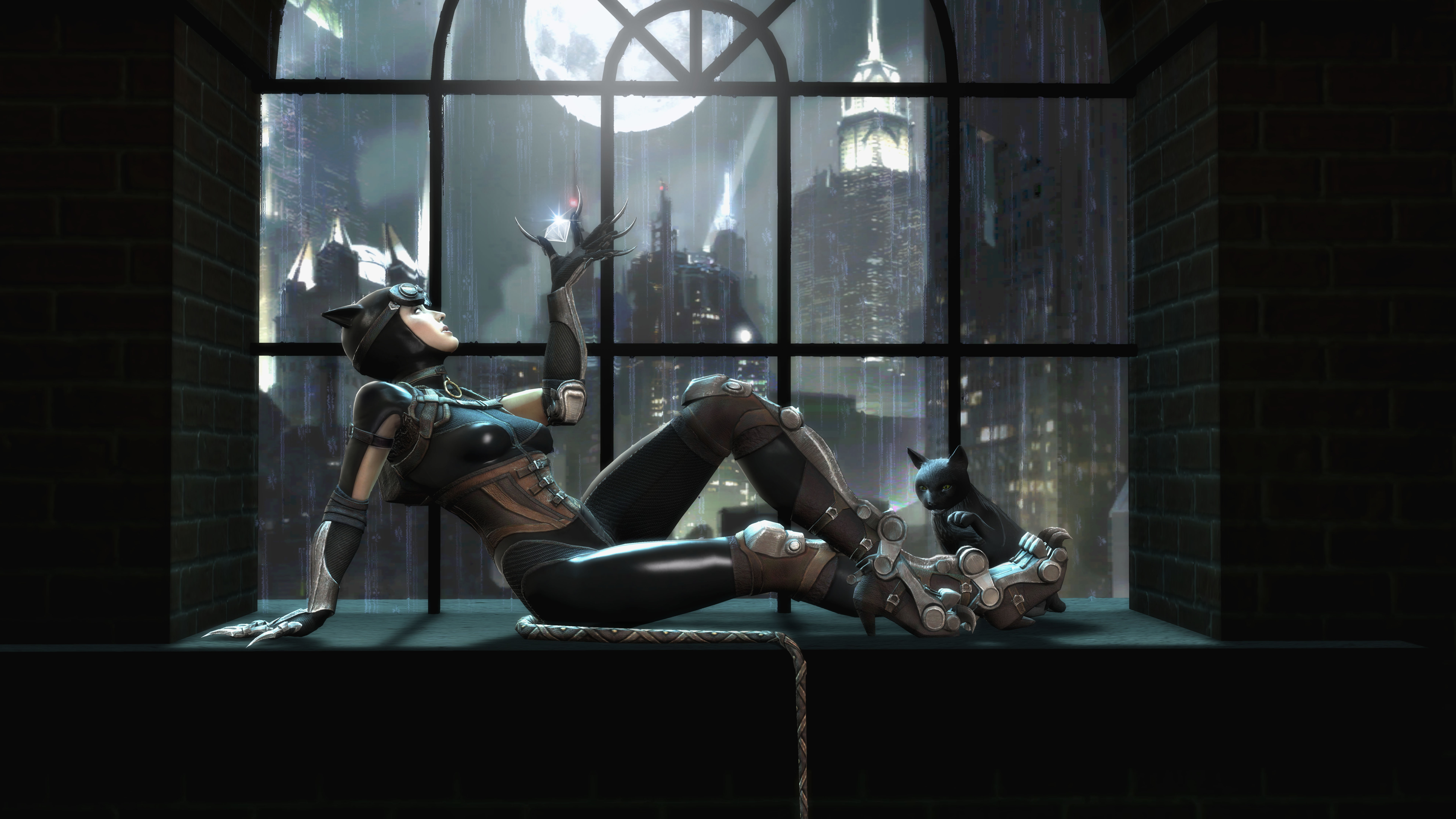 relaxation, Catwoman, day, cat, one person, window, lifestyles, brick, glass - material, women, brick wall, Gods Among Us, wall, sitting, building, HD Wallpaper