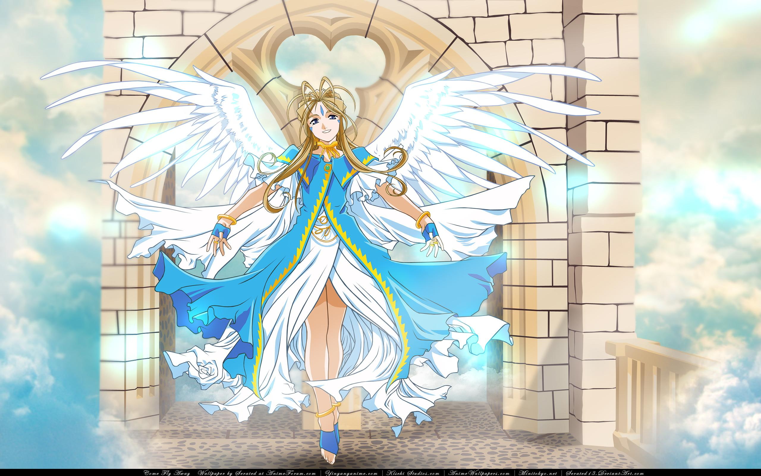 anime, angel, long-hair, blue-dress, beautiful, pretty, ah-my-goddess, wings, belldandy, goddess, 2K, HD Wallpaper