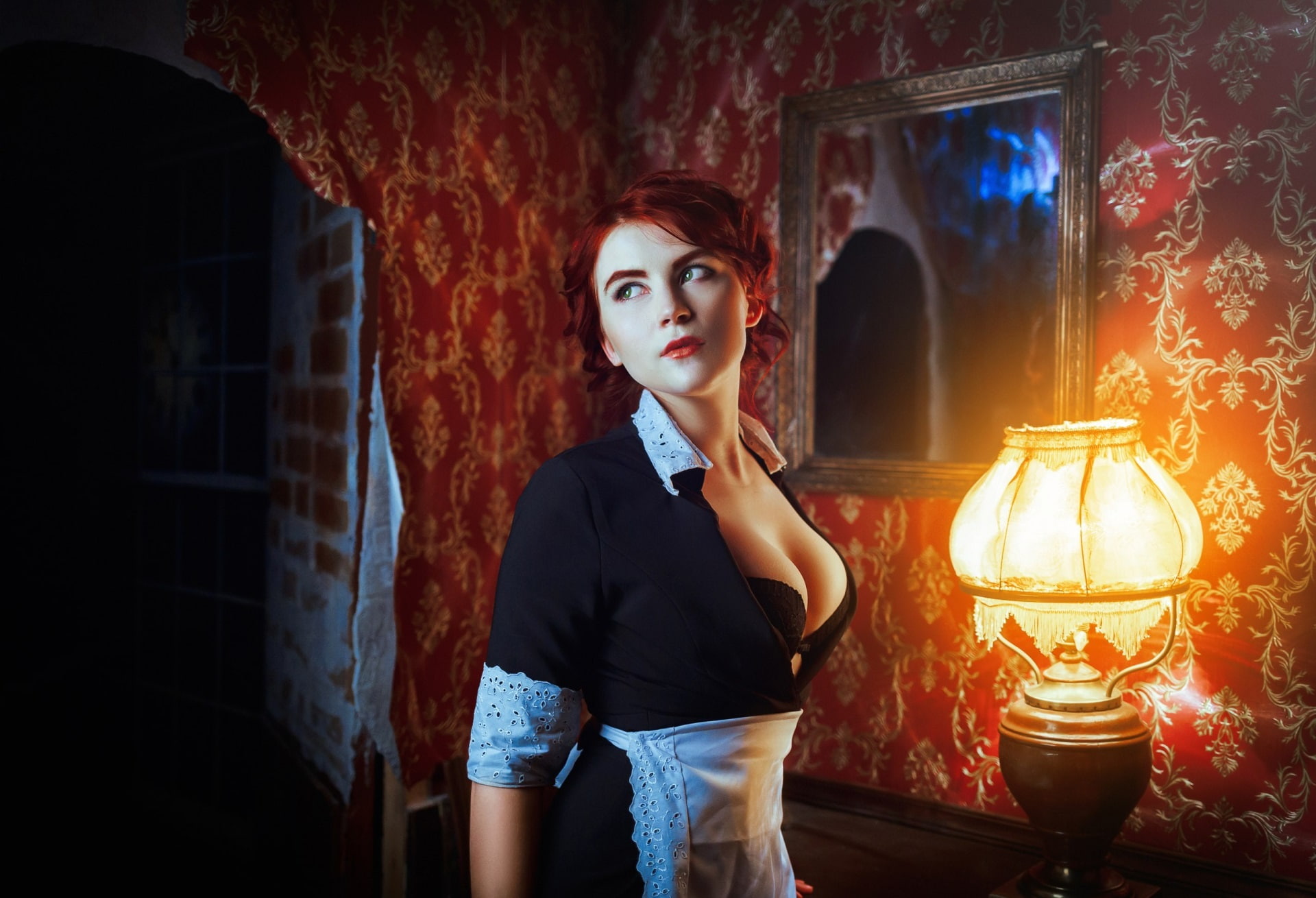 portrait, beauty, young adult, wall - building feature, brick, standing, illuminated, electric lamp, lifestyles, young women, hairstyle, indoors, one person, HD Wallpaper