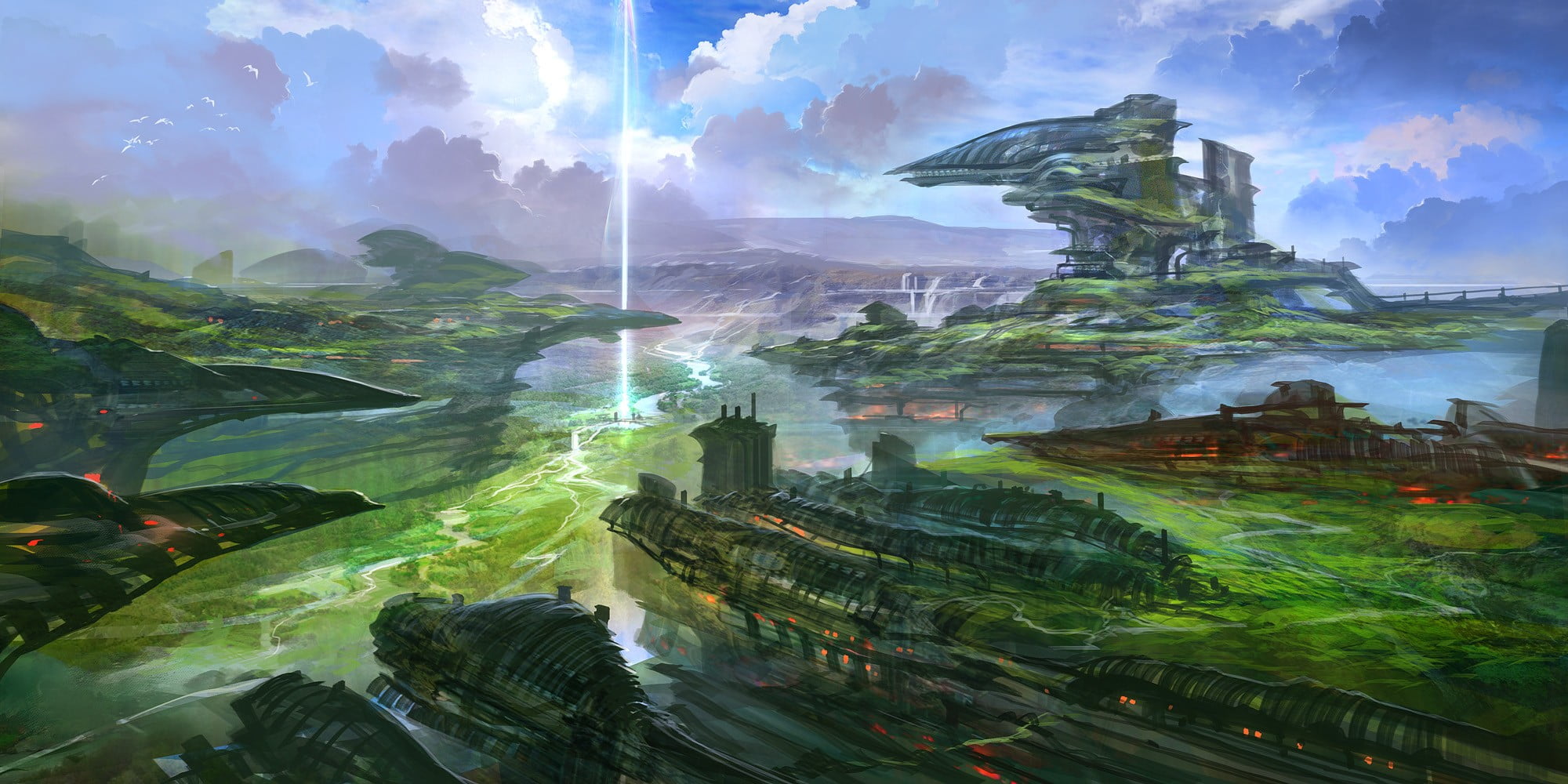green color, artwork, beauty in nature, scenics - nature, built structure, mountain, painting, travel, Chrono Cross, 1080P, building exterior, gray, digital composite, HD Wallpaper