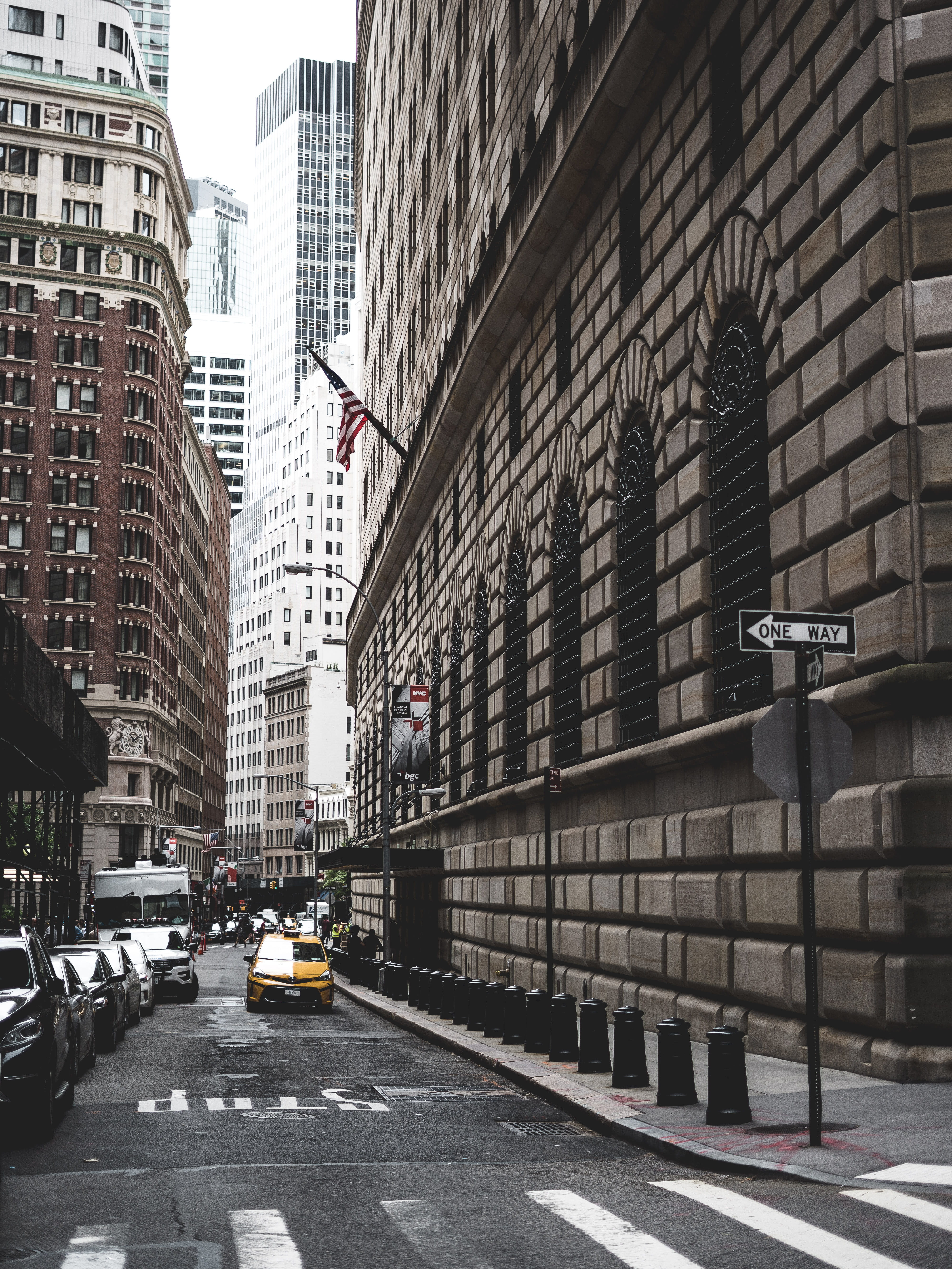 road, street, city street, nyc, built structure, skyscraper, city, stock, no people, land vehicle, outdoors, taxi, money, architecture, city life, exchange, Phone HD Wallpaper