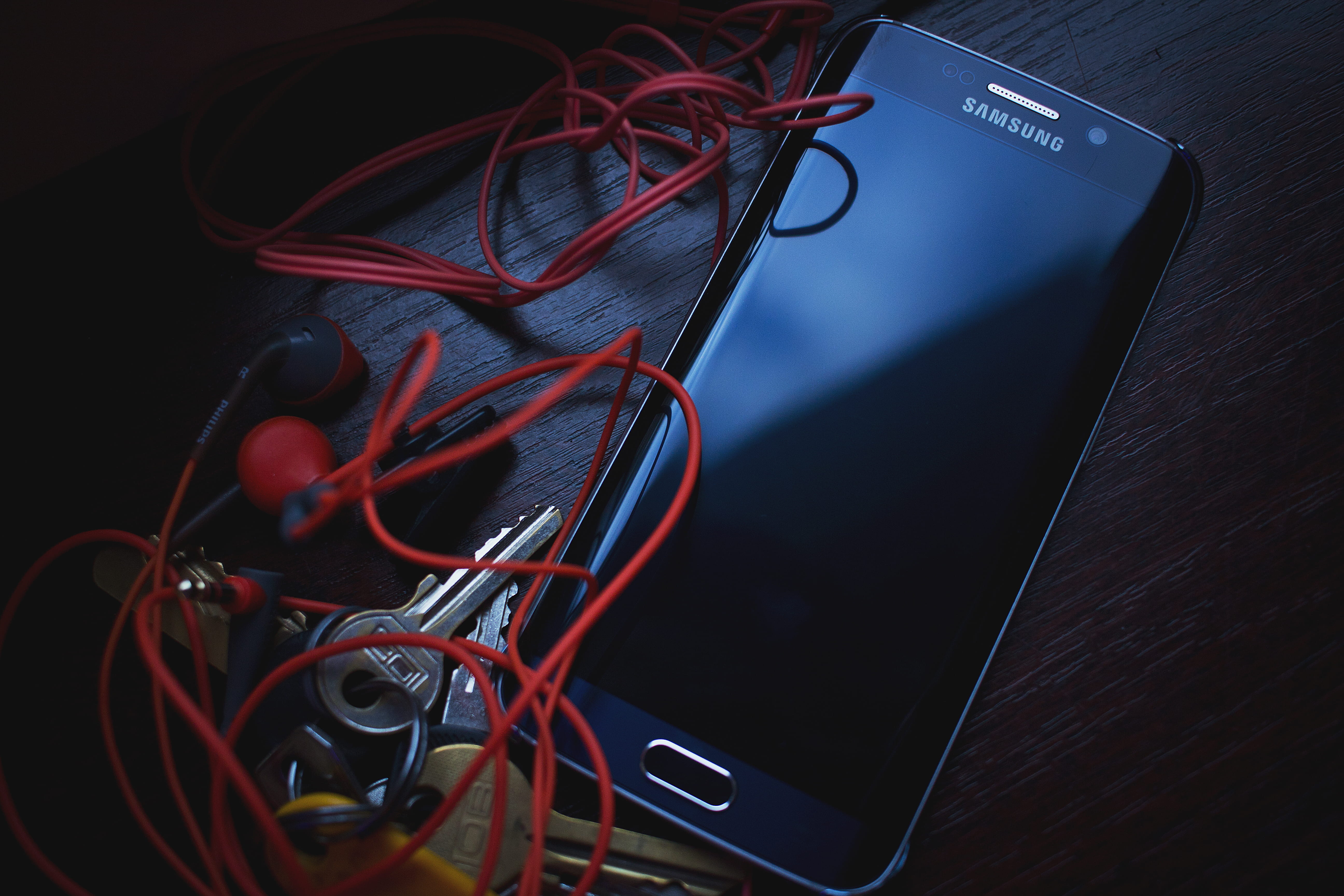 earphones, red, cable, complexity, computer network, mobile phone, computer equipment, electrical equipment, indoors, electricity, table, computer, music, HD Wallpaper