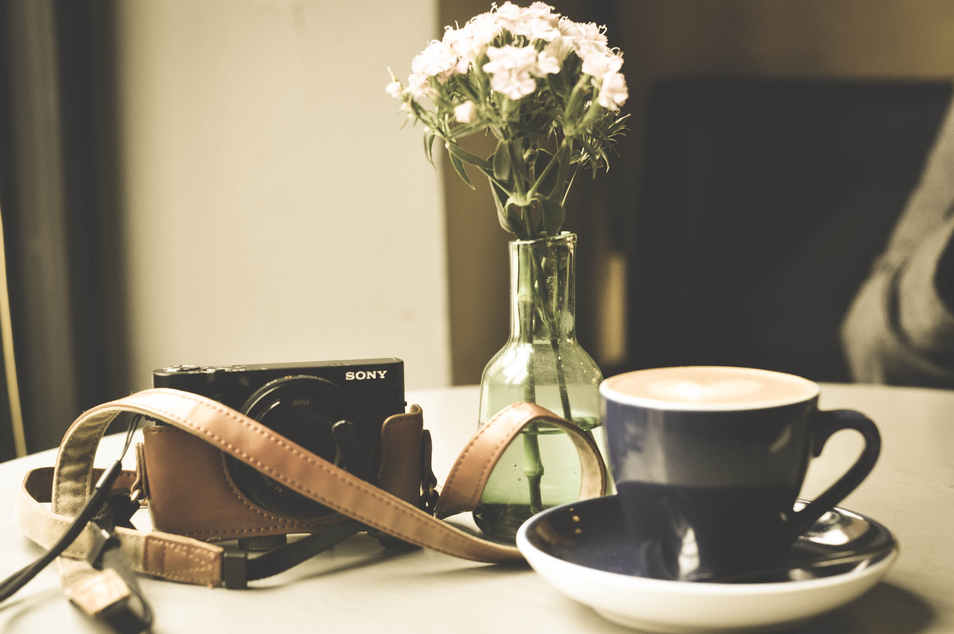 camera, black, flower head, indoors, crockery, sony, coffee - drink, coffee cup, focus on foreground, preparation, flower, food and drink, no people, 2K, HD Wallpaper