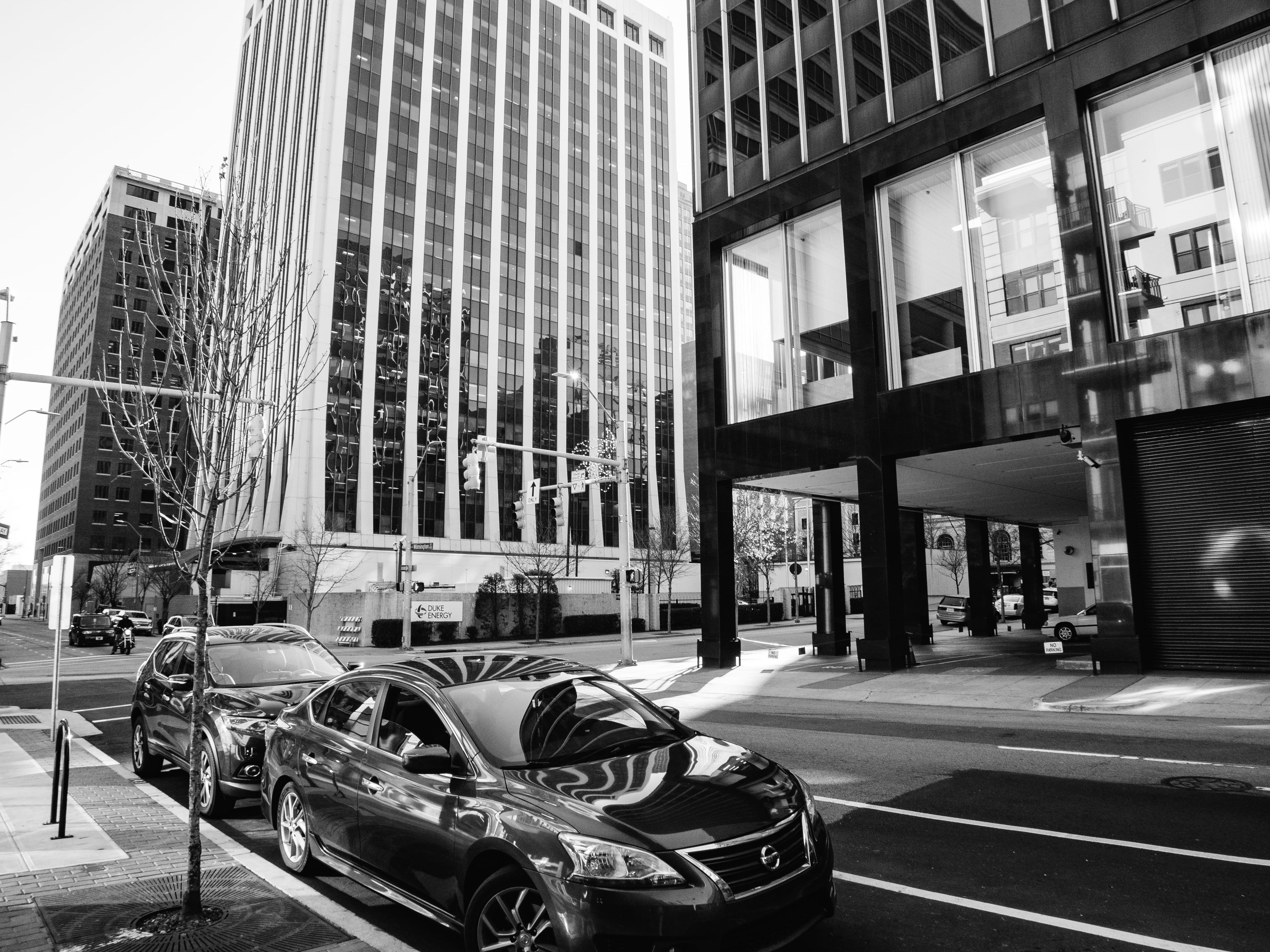 black and white photography, building exterior, street, road, no people, outdoors, street photography, buildings, raleigh nc, architecture, crosswalk, united states, HD Wallpaper