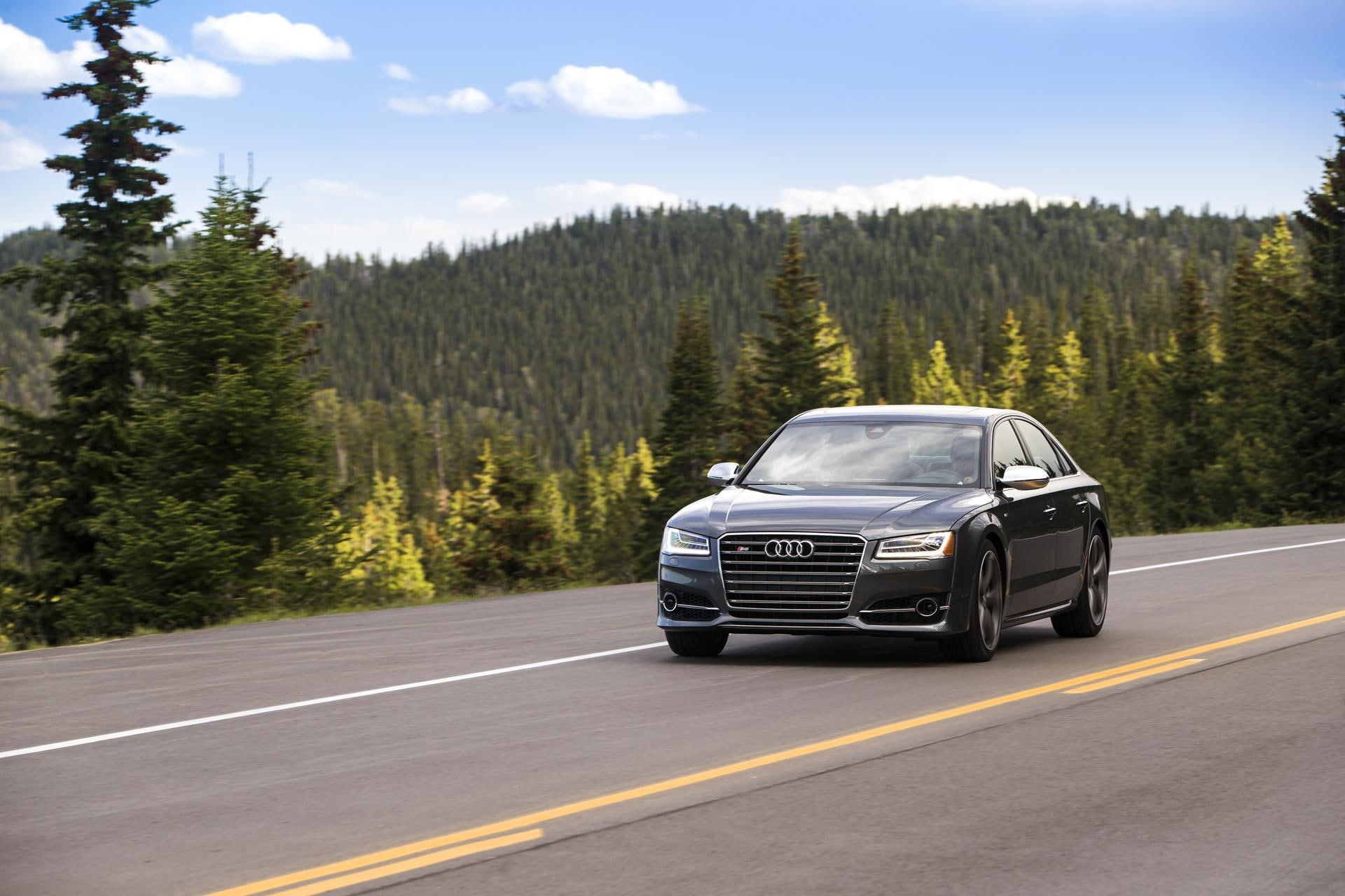 tree, mountain, land, scenics - nature, sky, coniferous tree, forest, motor vehicle, 1080P, transportation, audi, growth, sedan, no people, road, outdoors, HD Wallpaper