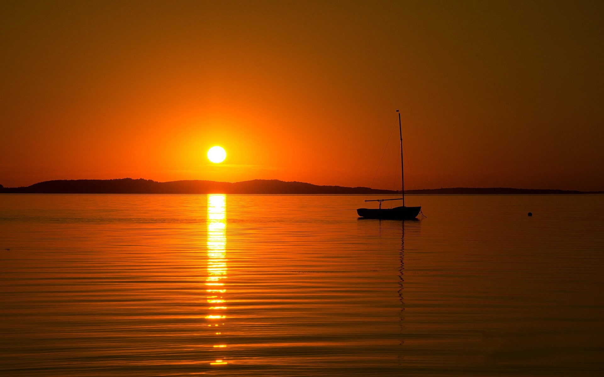 sunset, sunlight, boat, sea, silhouette, 1080P, Golden Hour, reflection, HD Wallpaper