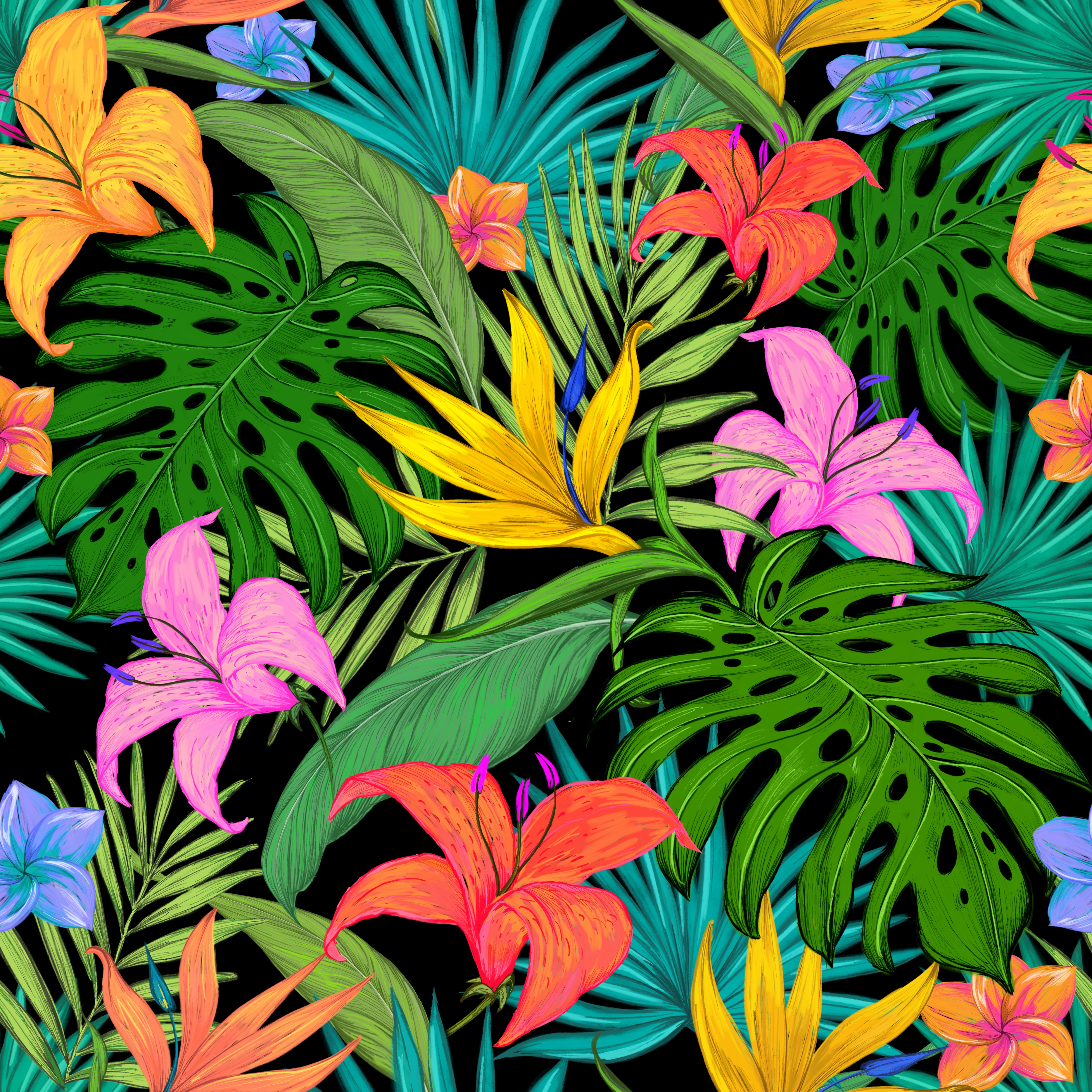 leaves, 4K, tropical, flowers, lilies, colored, palm leaves, pattern, Phone HD Wallpaper