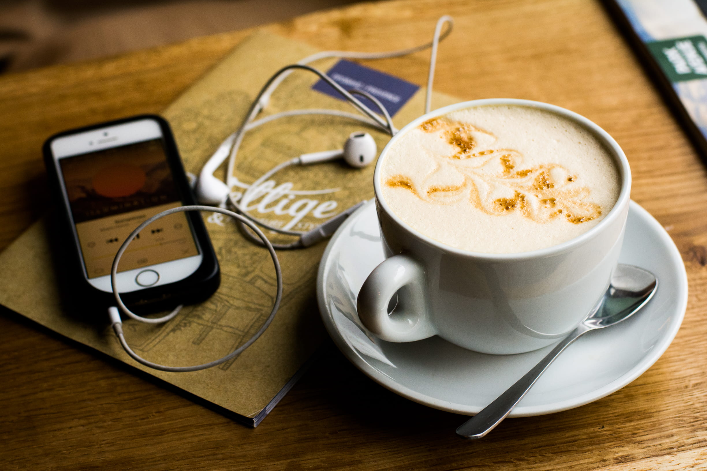 headphones, music, 1080P, mug, cup, eating utensil, crockery, coffee - drink, s, drink, saucer, latte, communication, refreshment, no people, kitchen utensil, HD Wallpaper