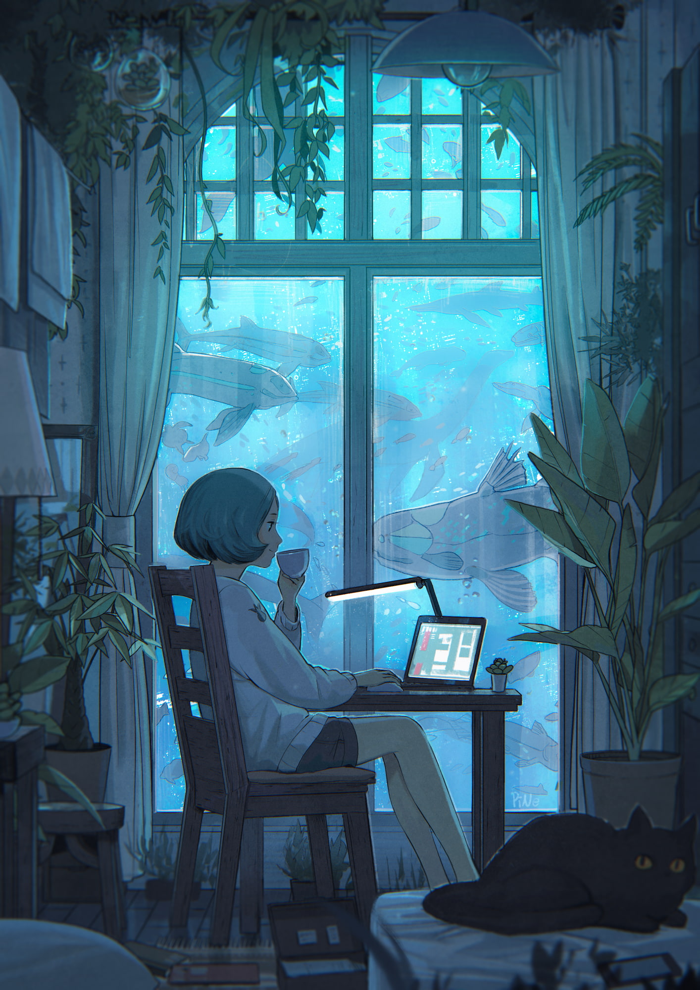 cup, sitting, interior, cat, fish, laptop, anime girls, chair, anime, 1080P, Phone HD Wallpaper
