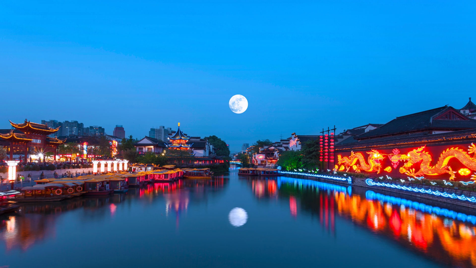 the Qinhuai river, China, the mid-autumn festival, lights, 1080P, The moon, Nanjing, HD Wallpaper