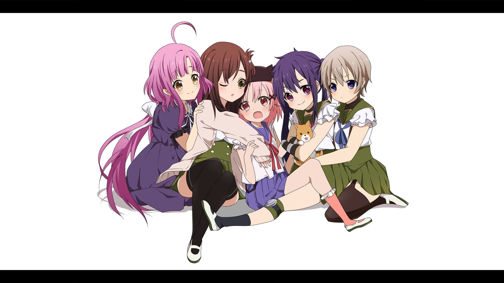 Gakkou Gurashi!, studio shot, girls, child, anime, friendship, copy space, group of people, high angle view, childhood, purple, transfer print, white background, HD Wallpaper