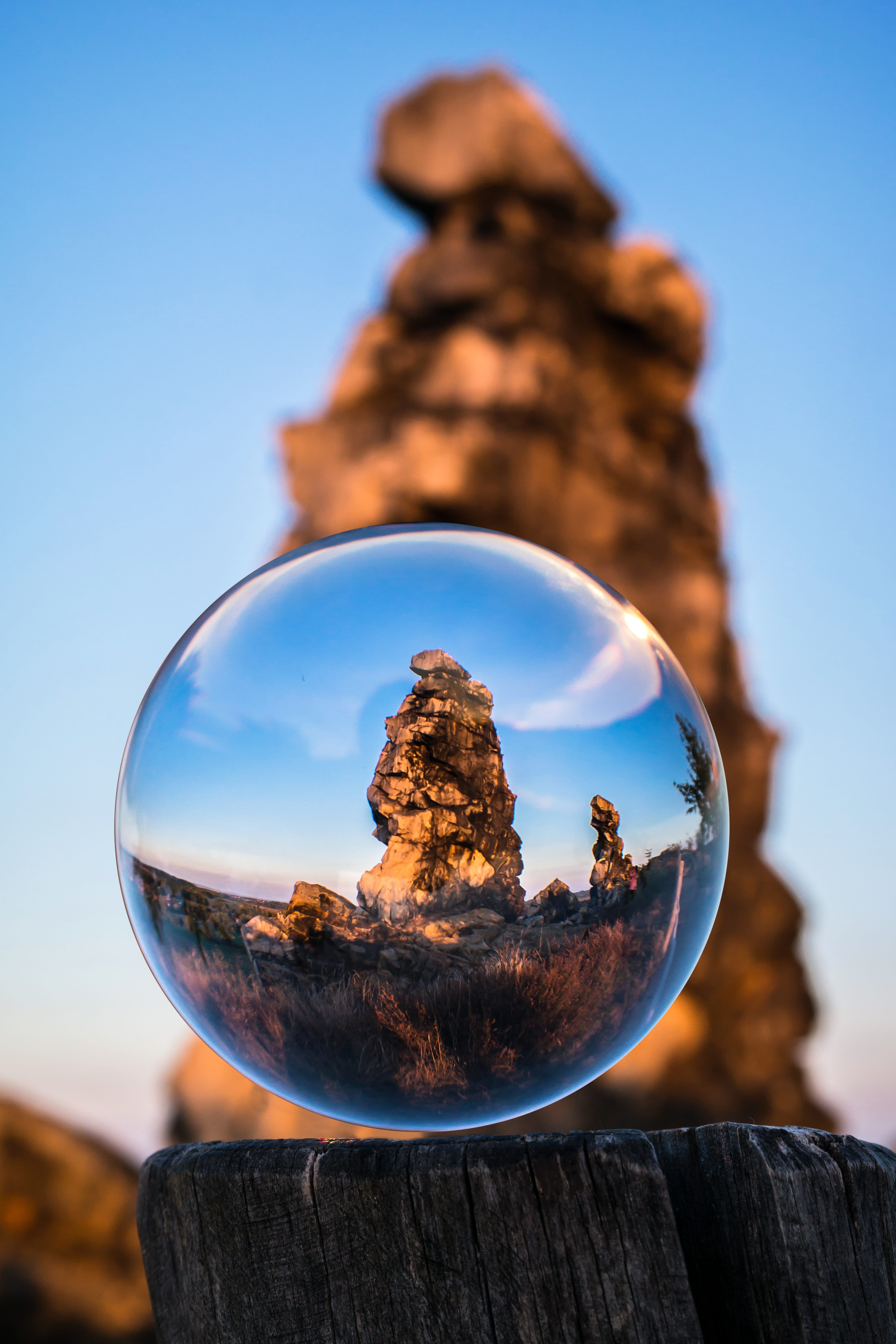 plant, evening light, glass ball, hiking, reflection, 5K, glass - material, rock, sandstone rocks, devils wall, nature, day, no people, focus on foreground, Phone HD Wallpaper