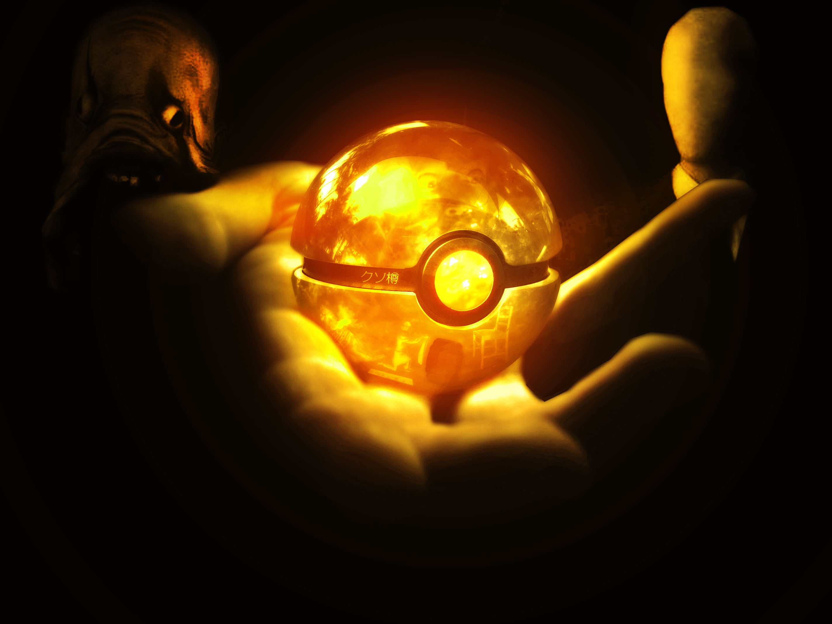 dark, finger, 2K, outdoors, art, flame, sphere, yellow, fortune telling, people, spooky, human body part, illuminated, Pokeball, forecasting, HD Wallpaper