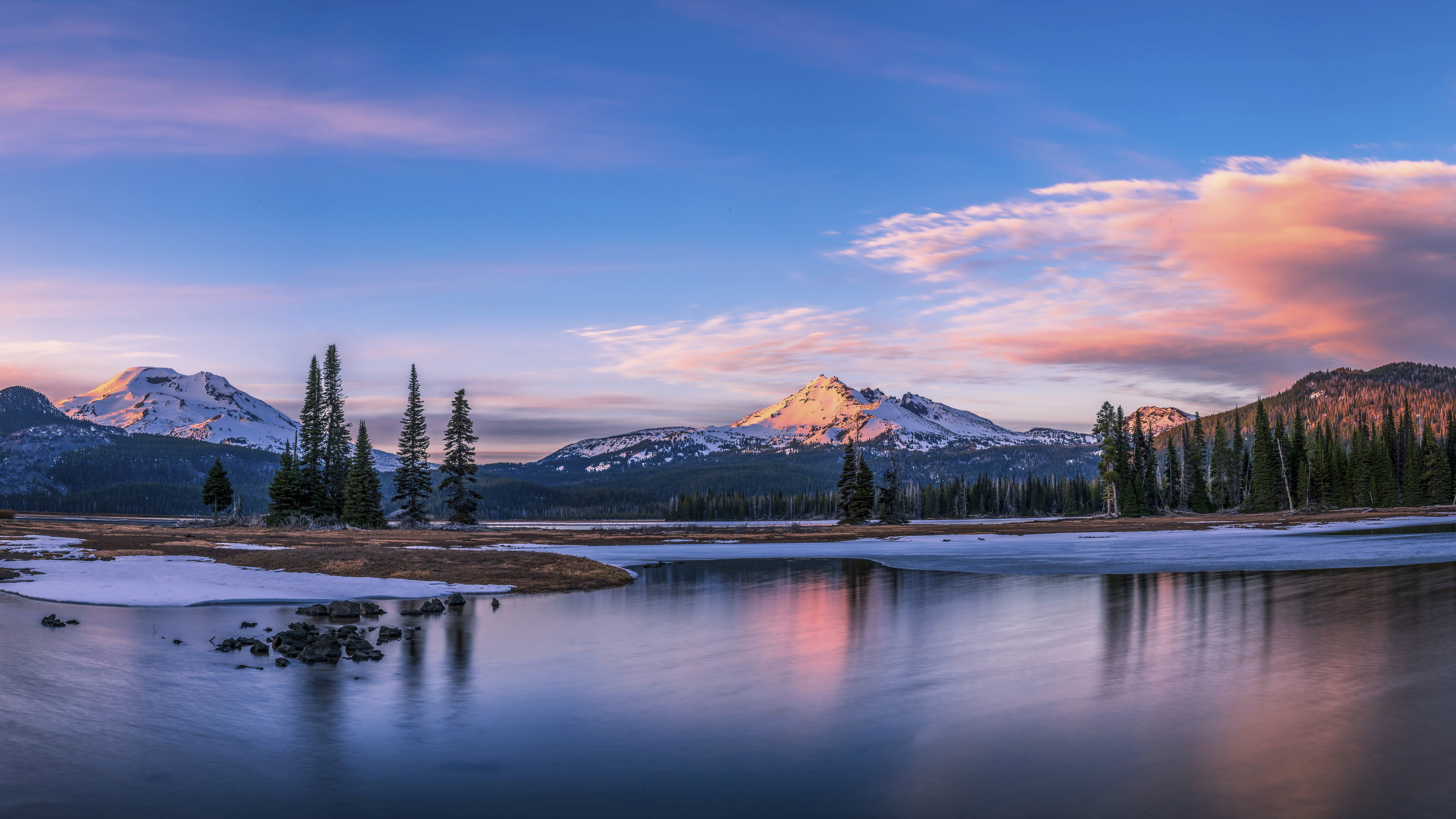 body, Oregon, Sparks Lake, 8k, 8K, USA, lake, 5k, clouds, calm, water, trees, mountains, HD Wallpaper