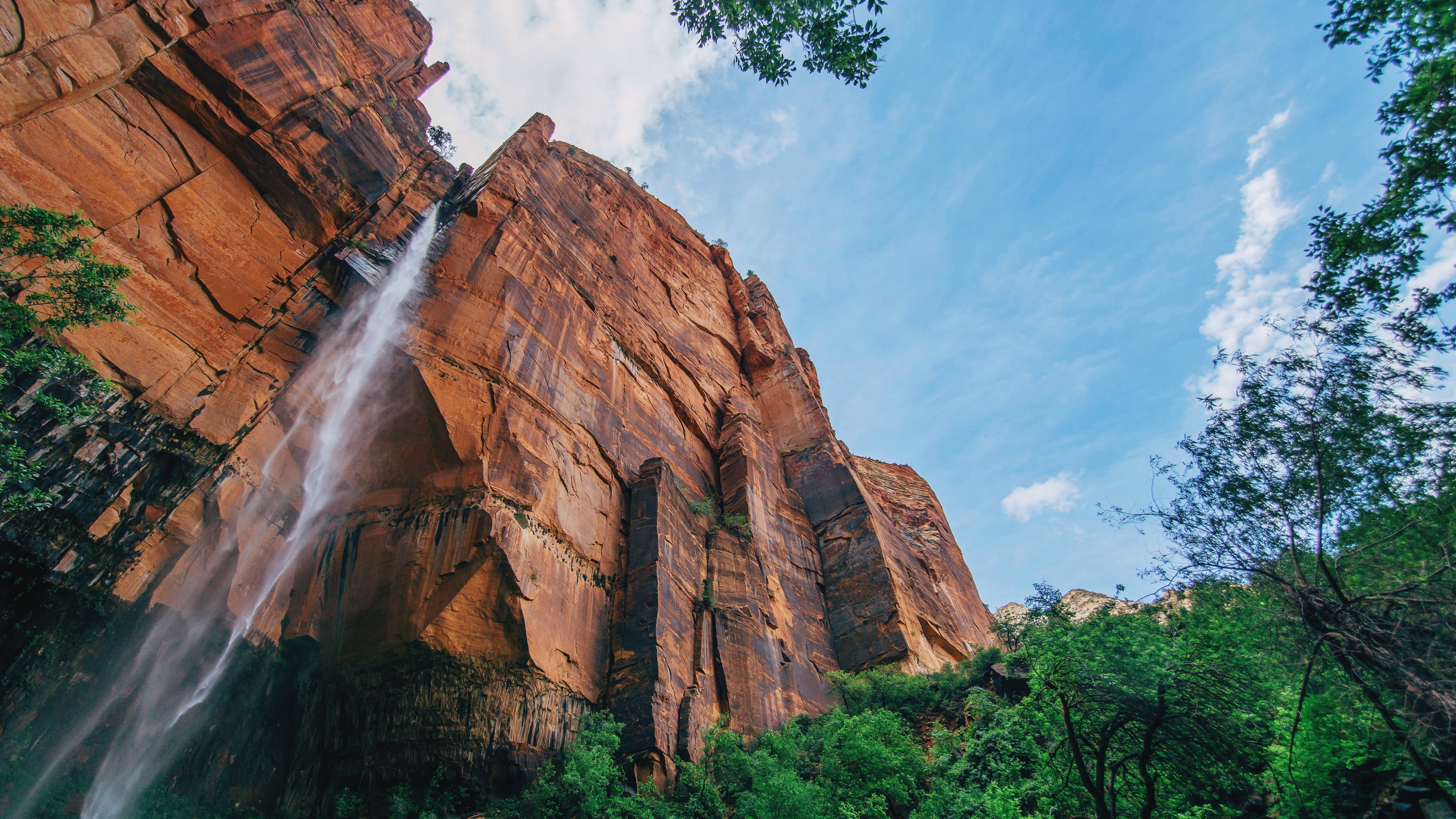 angle, trees, surrounded, waterfall, forest, Yosemite, low, 8k, photography, mountains, 5K, 5k, green, waterfalls, 4k, HD Wallpaper