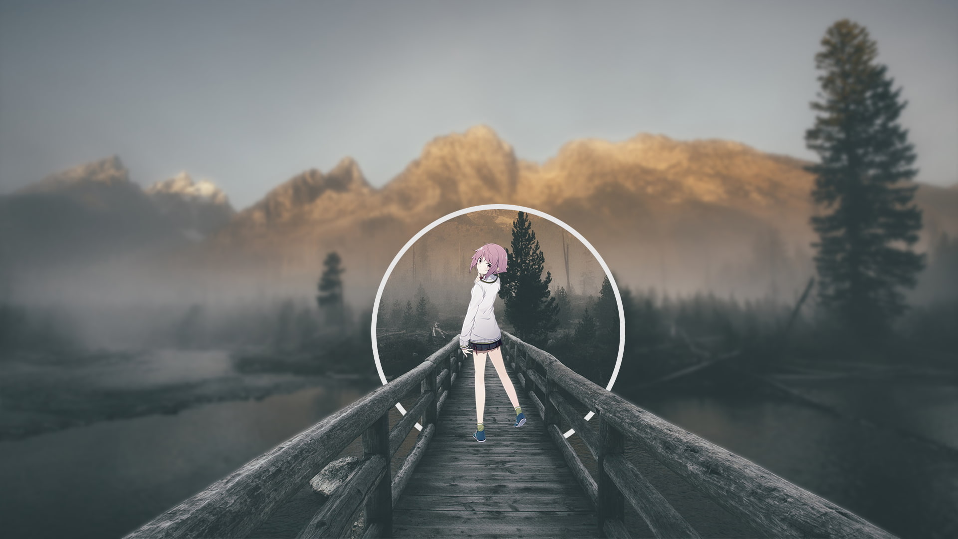 tranquility, idyllic, wood - material, scenics - nature, 1080P, tree, anime girls, plant, anime, non-urban scene, pier, mountain, beauty in nature, water, HD Wallpaper