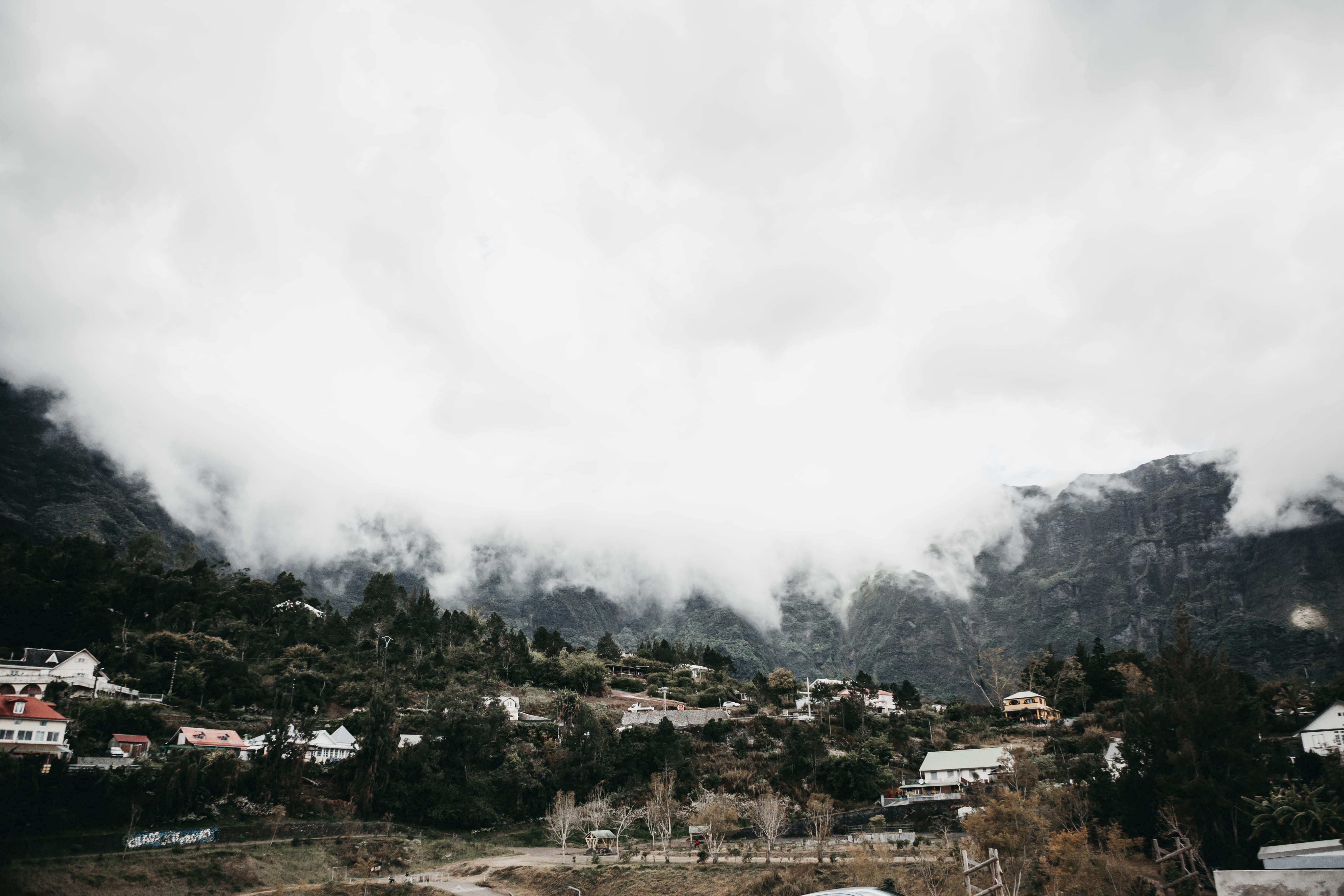 building, réunion, tree, mountain, trees, scenics - nature, residential district, architecture, sky, landscape, outdoors, plant, beauty in nature, desaturated, HD Wallpaper