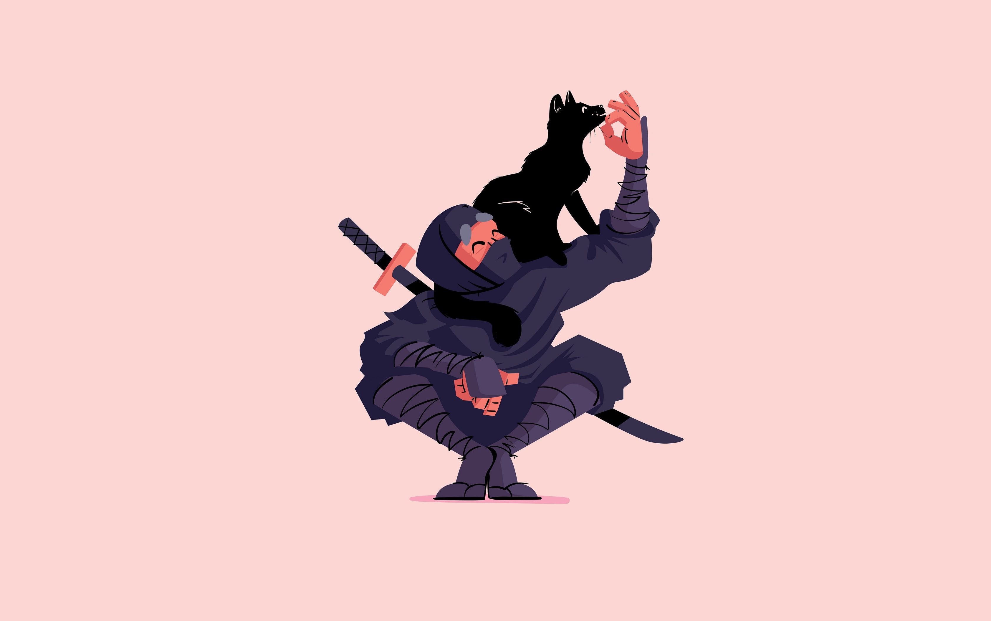 cat, black, pose, 2K, Ninja, HD Wallpaper