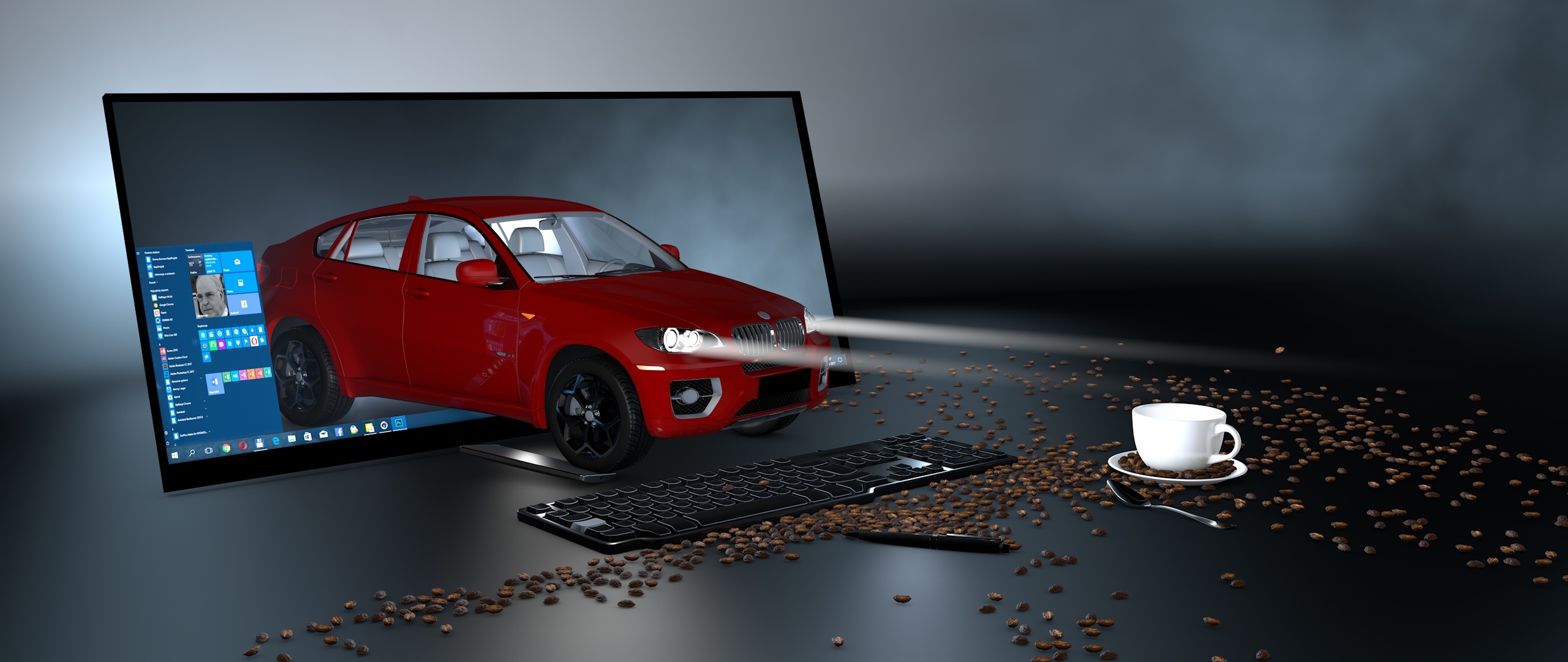 cup, red, technology, coming, computer, sign, copy space, mug, industry, 2K, table, warning sign, preparation, computer equipment, gray background, monitor, HD Wallpaper