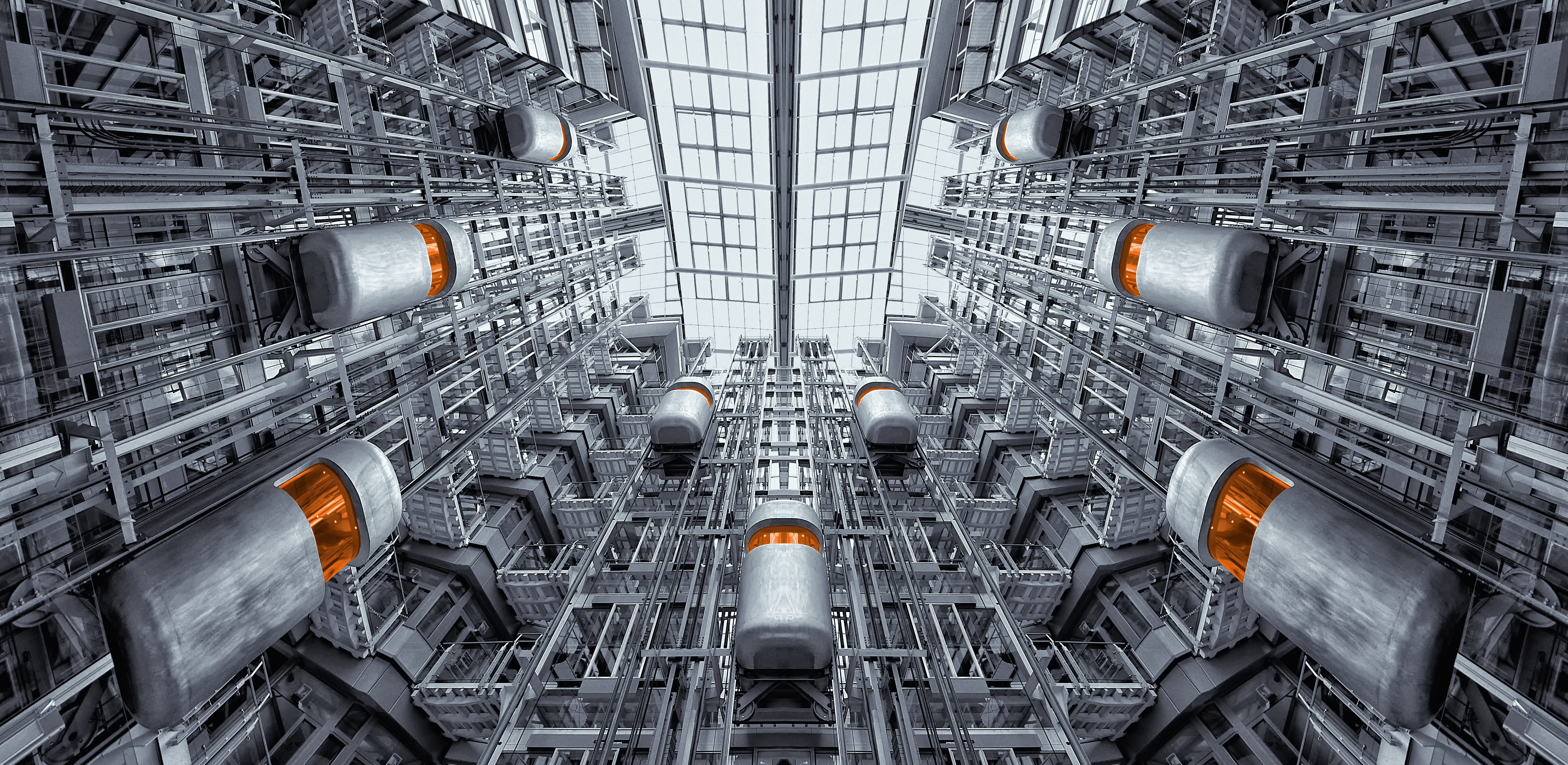 large group of objects, lifts, skylight, building, panoramic, symmetry, no people, transportation, backgrounds, built structure, alloy, indoors, business, HD Wallpaper