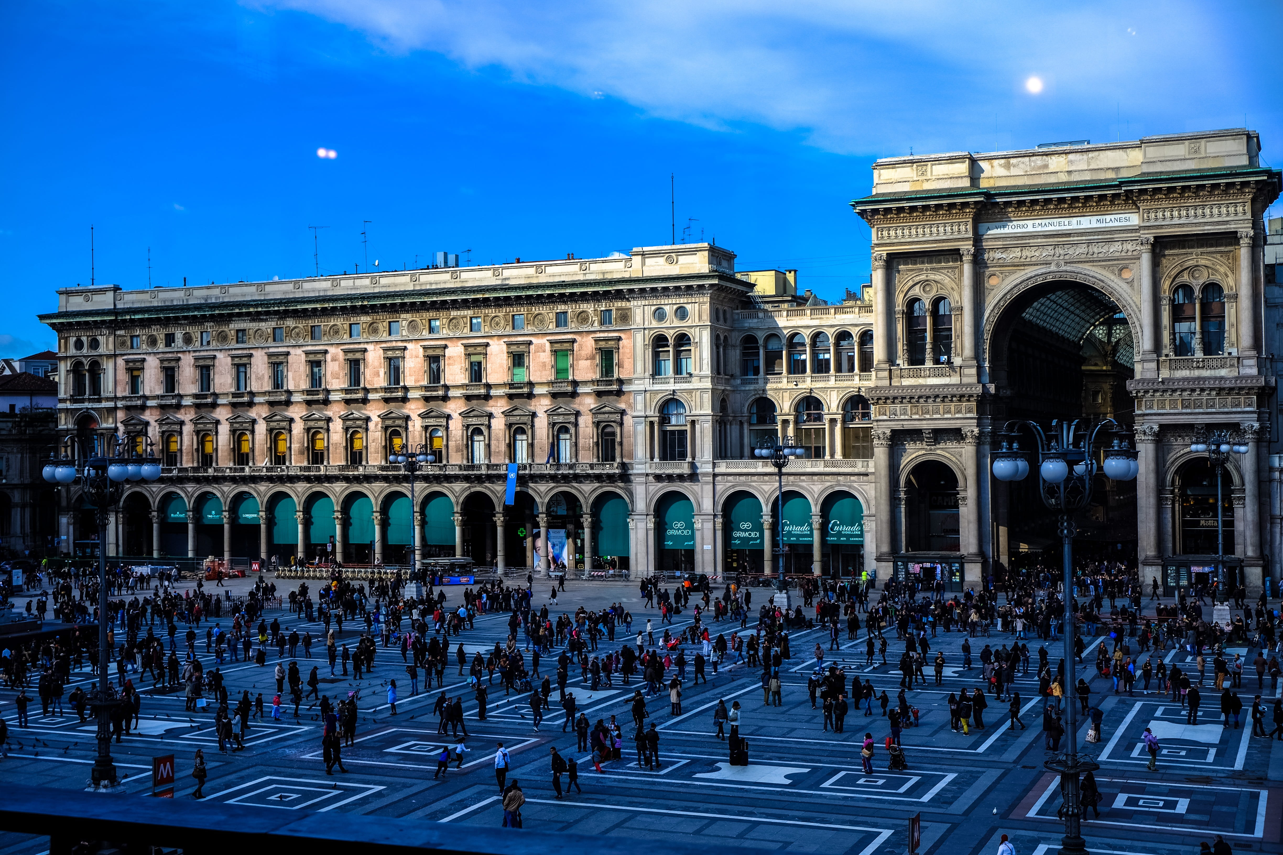 women, people, galleria vittorio emanuele ii, building, city, italy, outdoors, built structure, blue, day, group of people, sky, building exterior, arch, HD Wallpaper