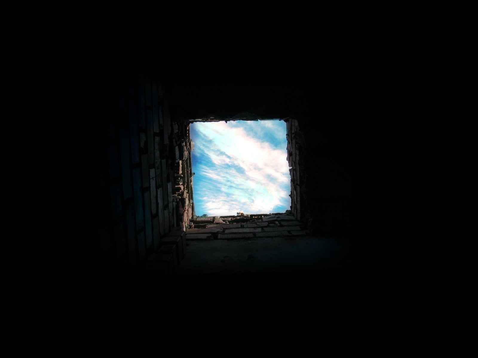 wall, copy space, cloud - sky, 720P, architecture, low angle view, old, wall - building feature, light at the end of the tunnel, day, nature, bricks, abandoned, HD Wallpaper
