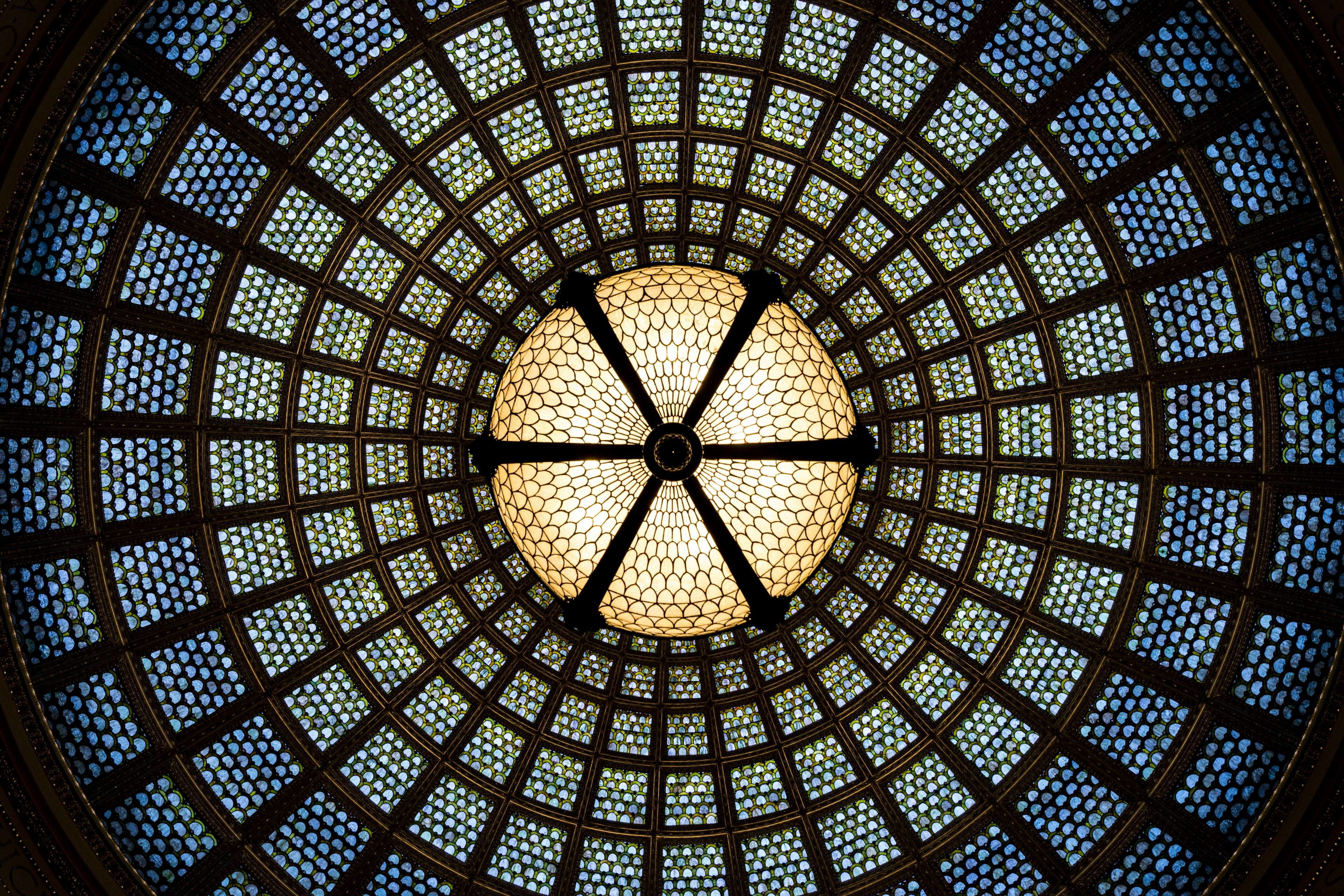 ceiling, geometric shape, dome, geometric, blue, round, colorful, full frame, glass, architecture, stained glass, 4K, chicago cultural center, building, HD Wallpaper