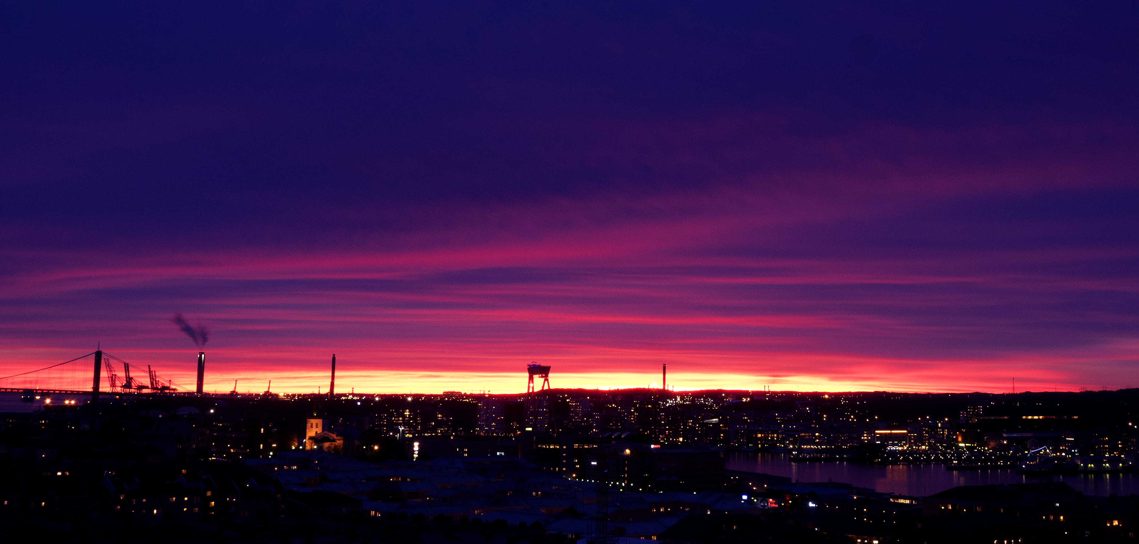 gothenburg, masthugget church, illuminated, chimney, industry, sunset, cityscape, city life, dramatic sky, purple, pollution, night, sunshine, industrial, HD Wallpaper