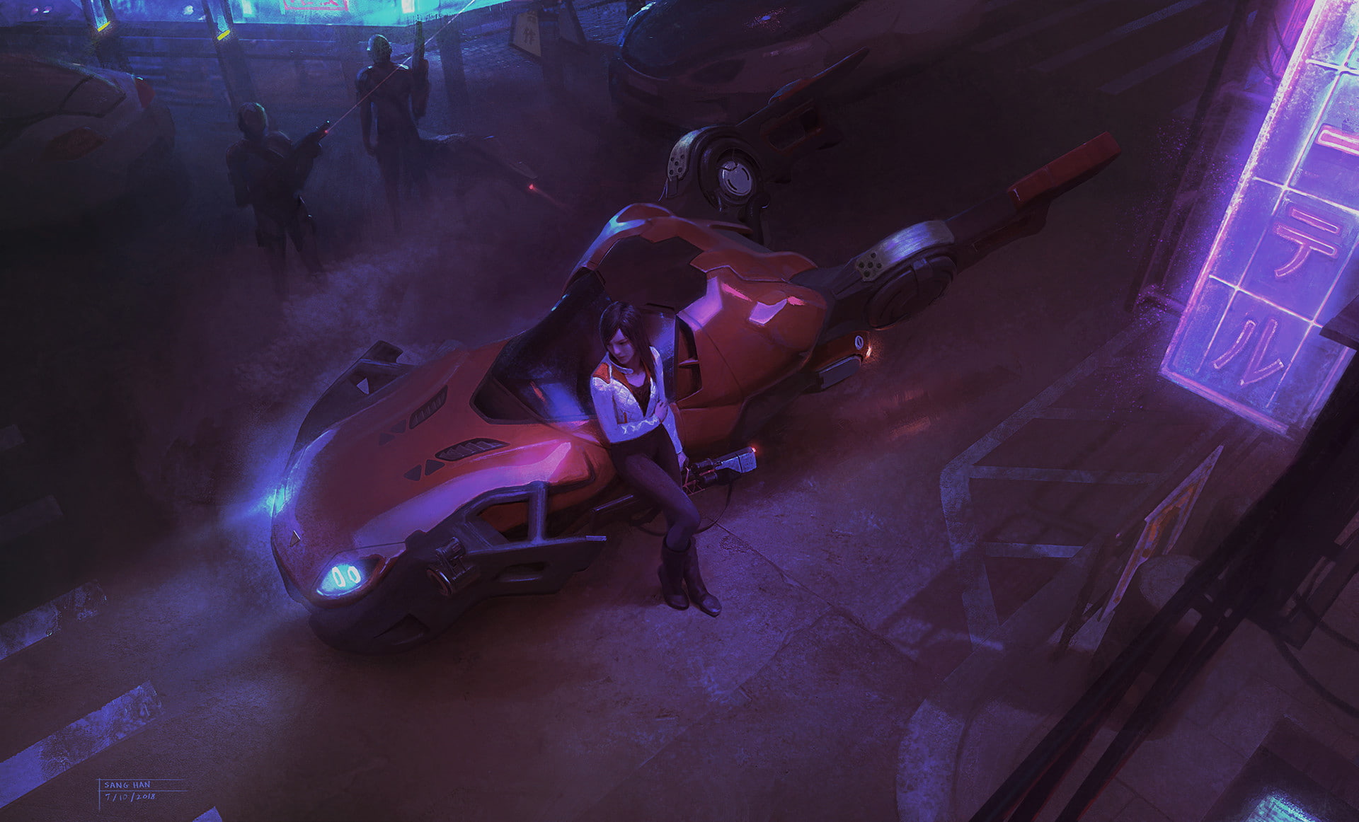 vehicle, science fiction, weapon, 1080P, soldier, cyberpunk, women, 2018 (Year), street, car, futuristic, digital art, HD Wallpaper