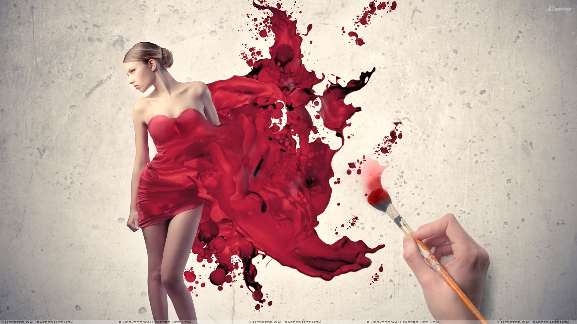 dress, girls-sexy-artistic-paint-brush-ink-red, arts, 1080P, HD Wallpaper